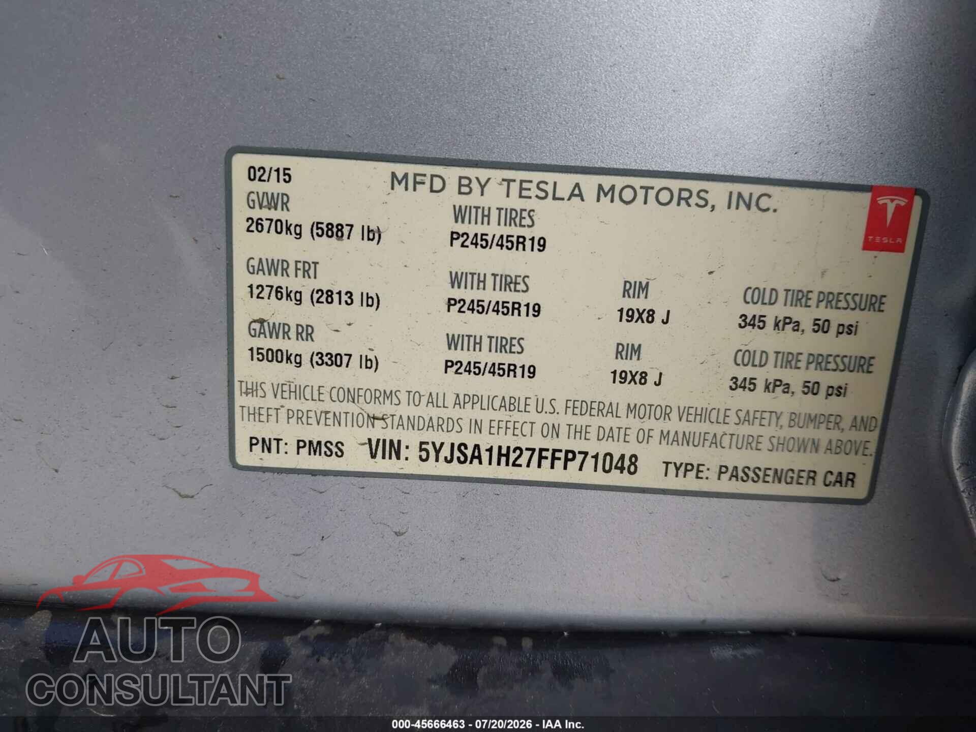 TESLA MODEL S 2015 - 5YJSA1H27FFP71048