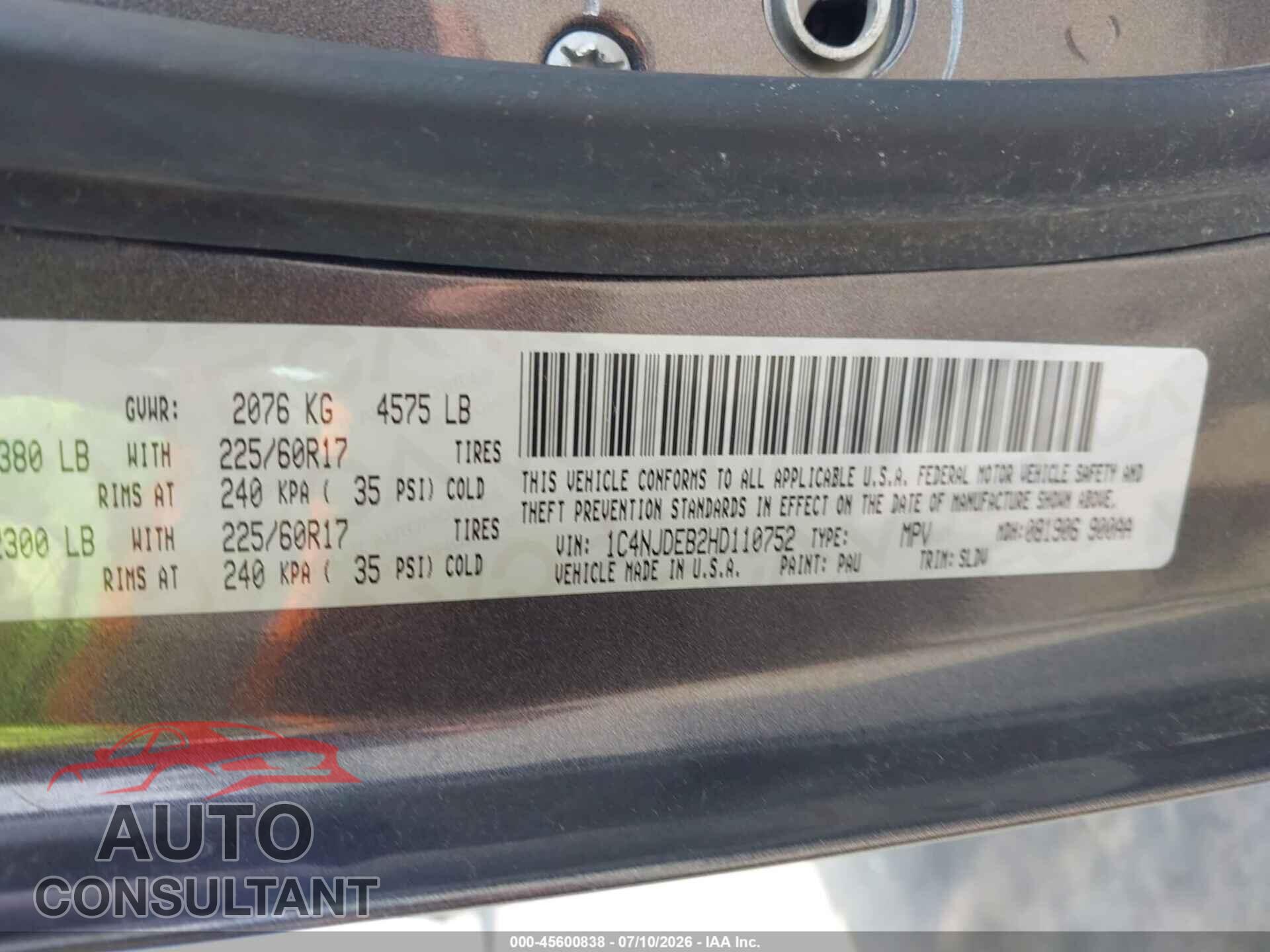 JEEP COMPASS 2017 - 1C4NJDEB2HD110752