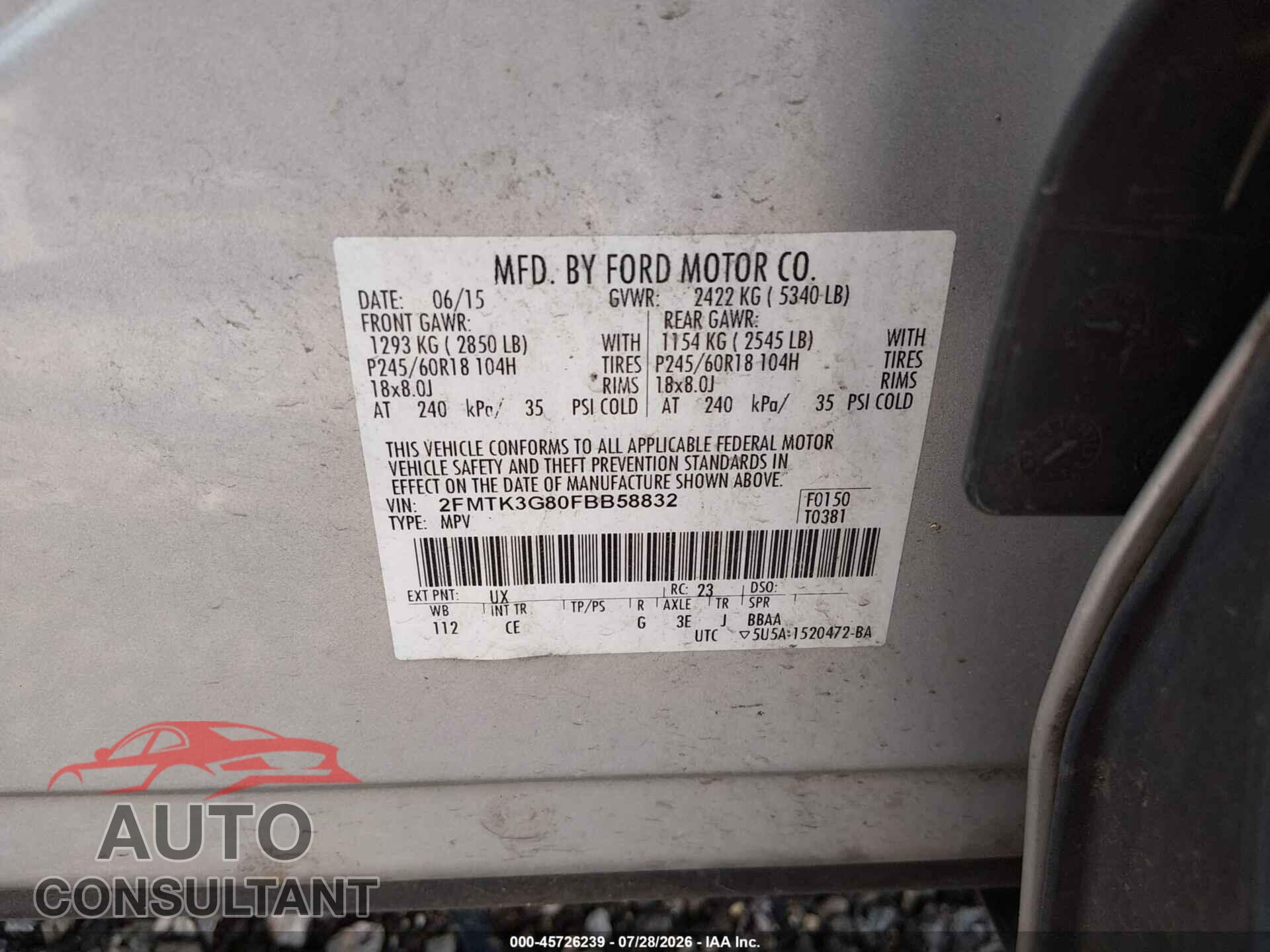 FORD EDGE 2015 - 2FMTK3G80FBB58832