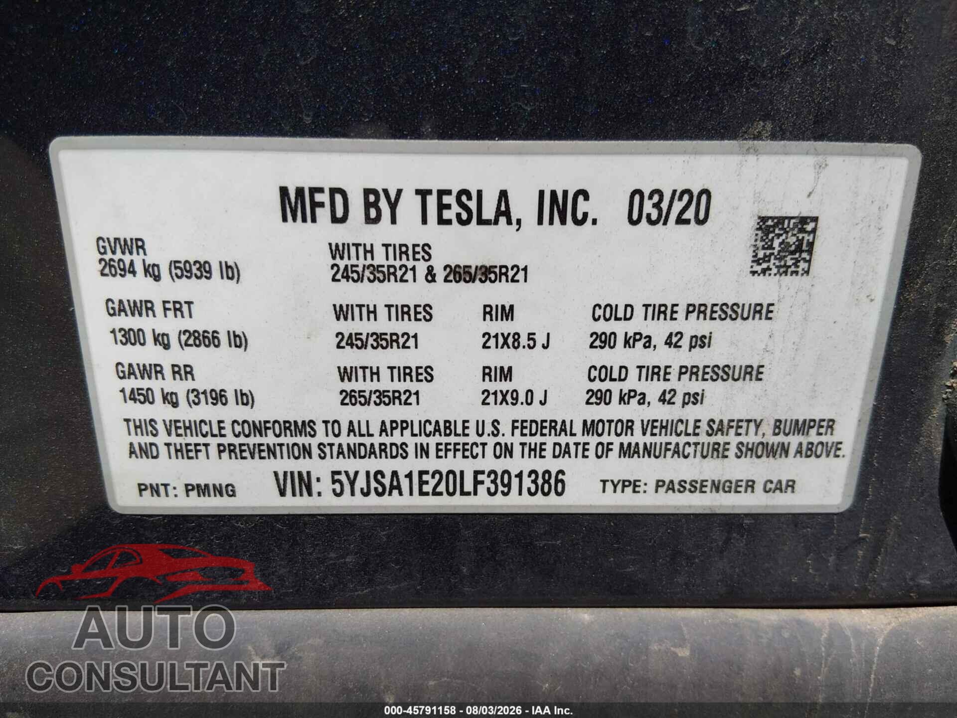 TESLA MODEL S 2020 - 5YJSA1E20LF391386