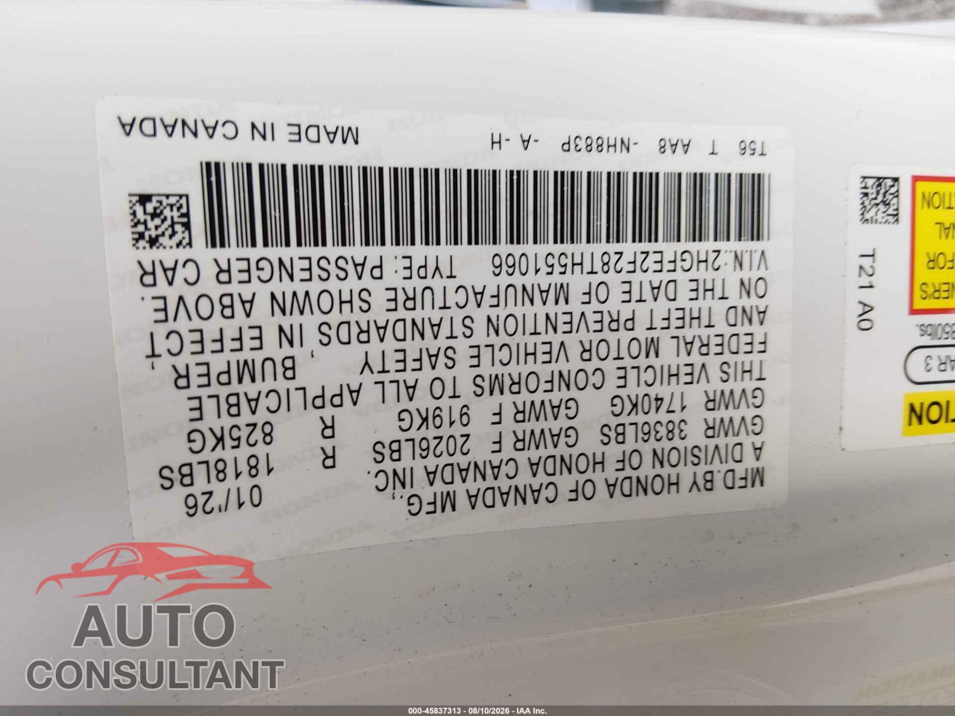 HONDA CIVIC 2026 - 2HGFE2F28TH551066