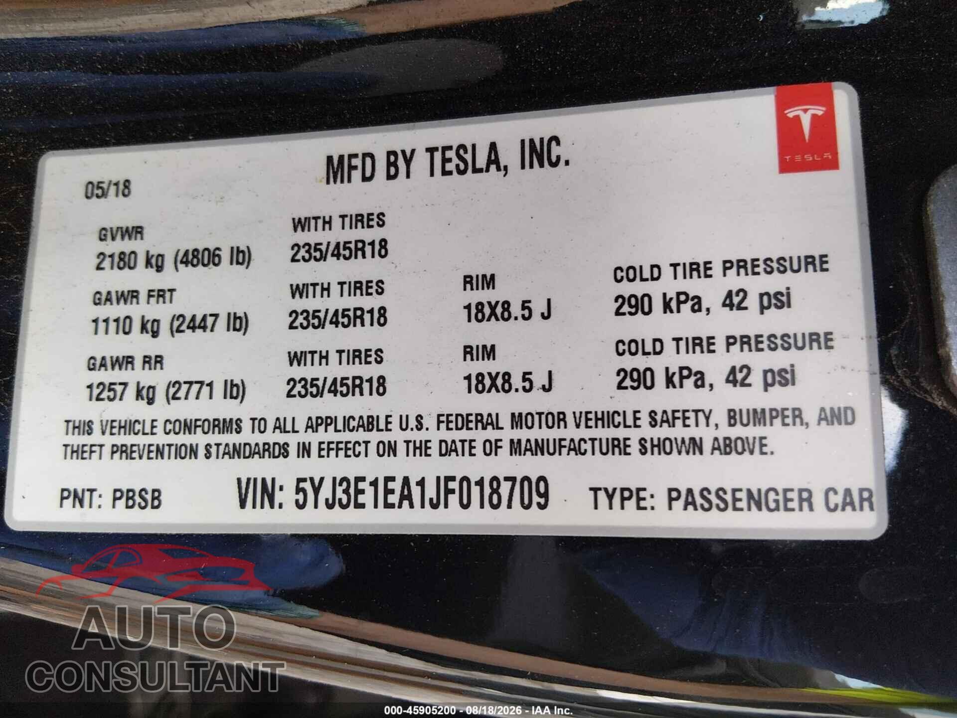 TESLA MODEL 3 2018 - 5YJ3E1EA1JF018709