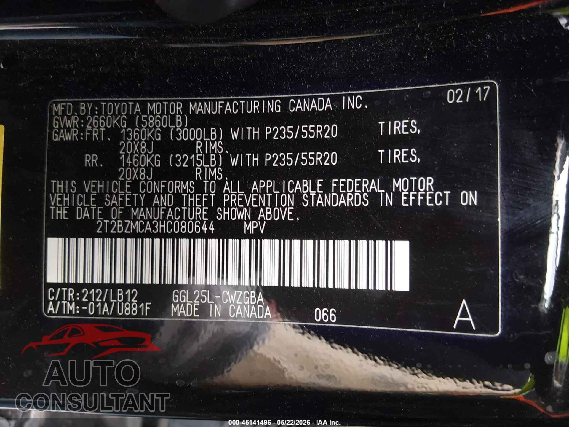 LEXUS RX 350 2017 - 2T2BZMCA3HC080644