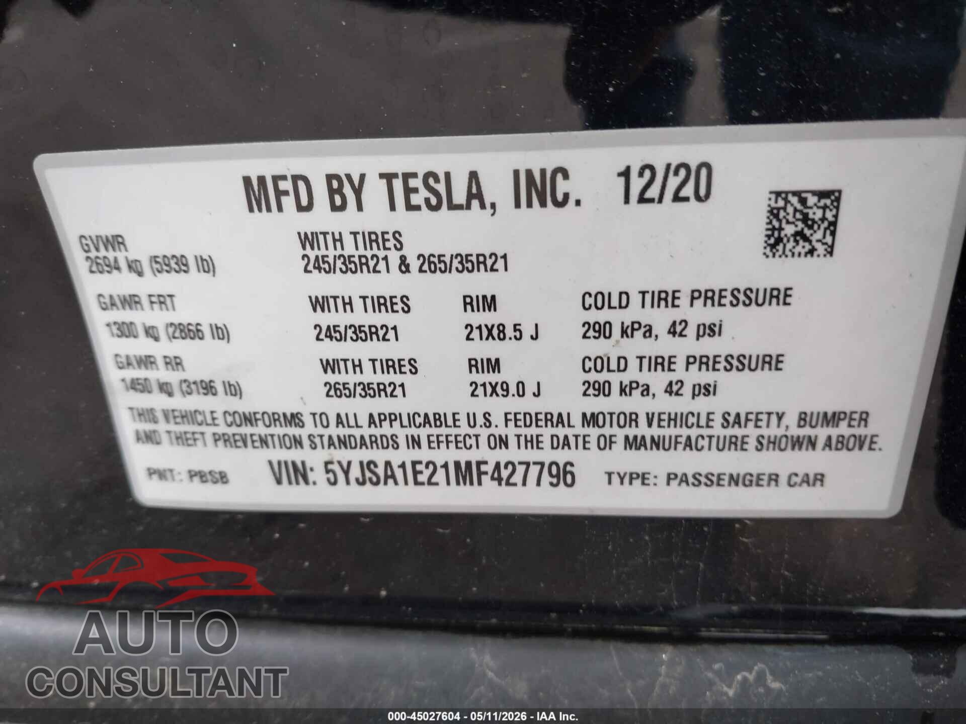 TESLA MODEL S 2021 - 5YJSA1E21MF427796