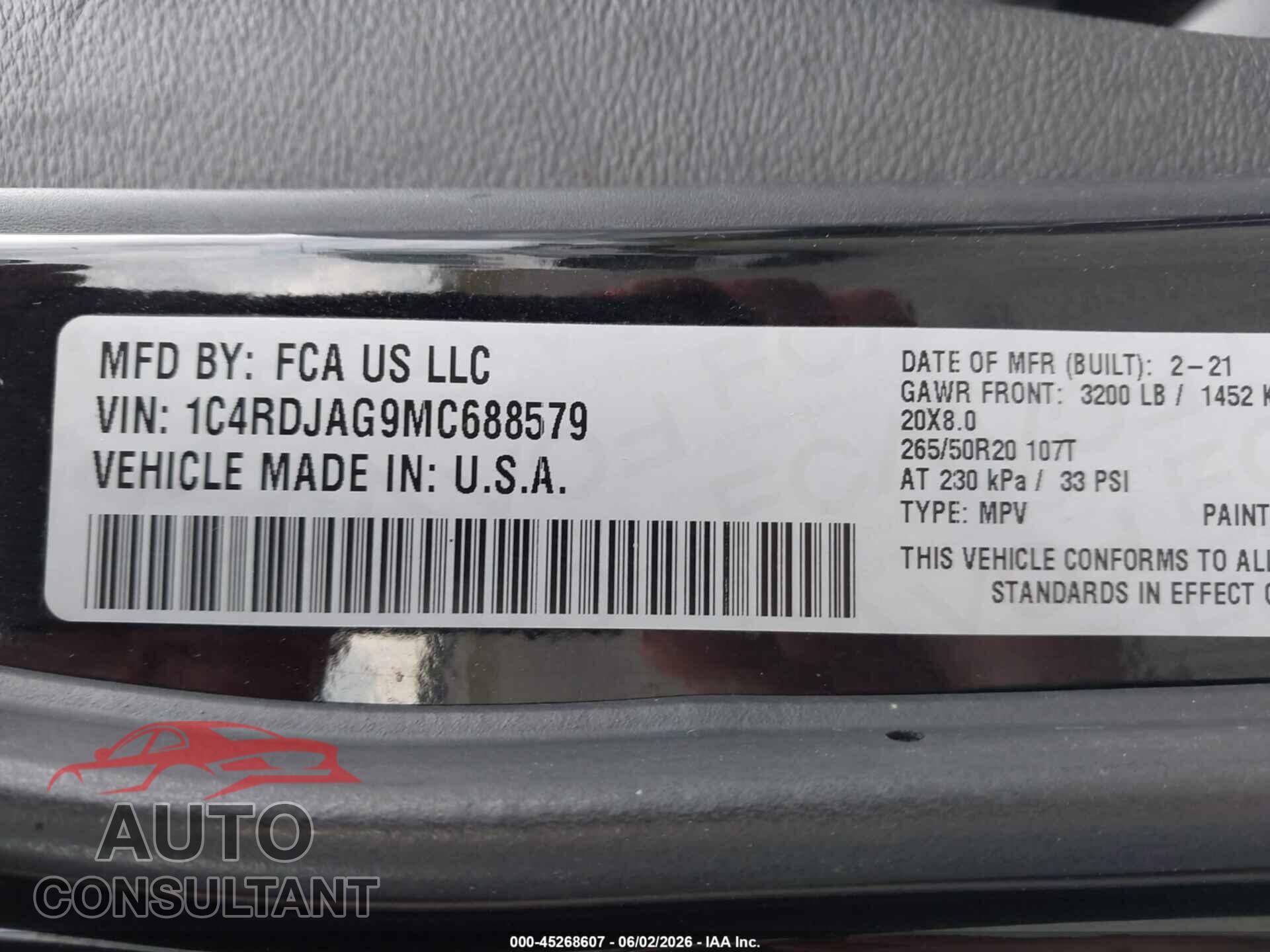 DODGE DURANGO 2021 - 1C4RDJAG9MC688579