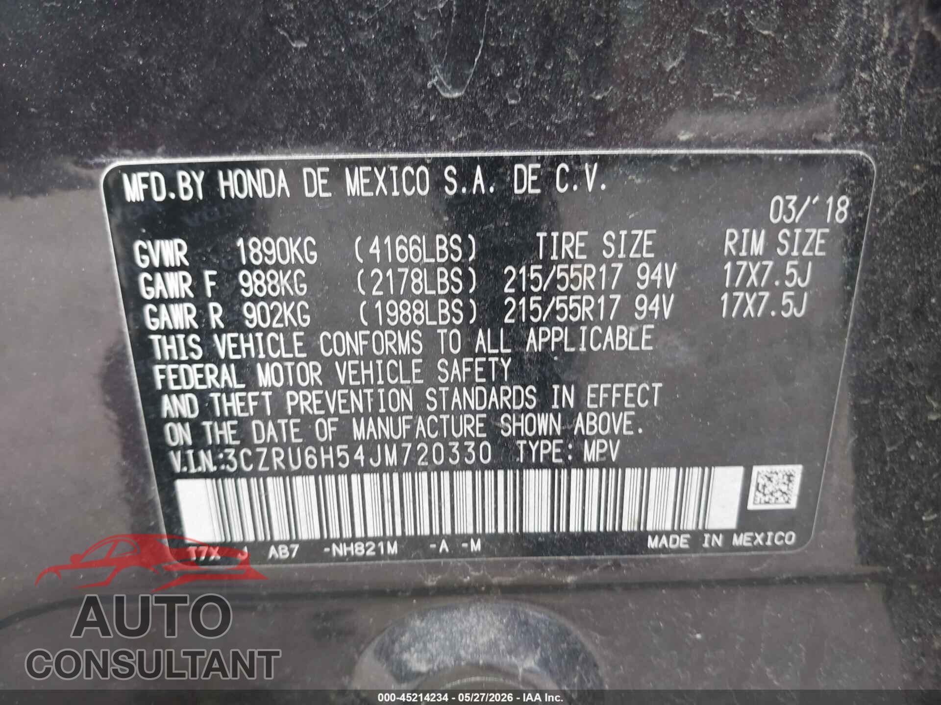 HONDA HR-V 2018 - 3CZRU6H54JM720330