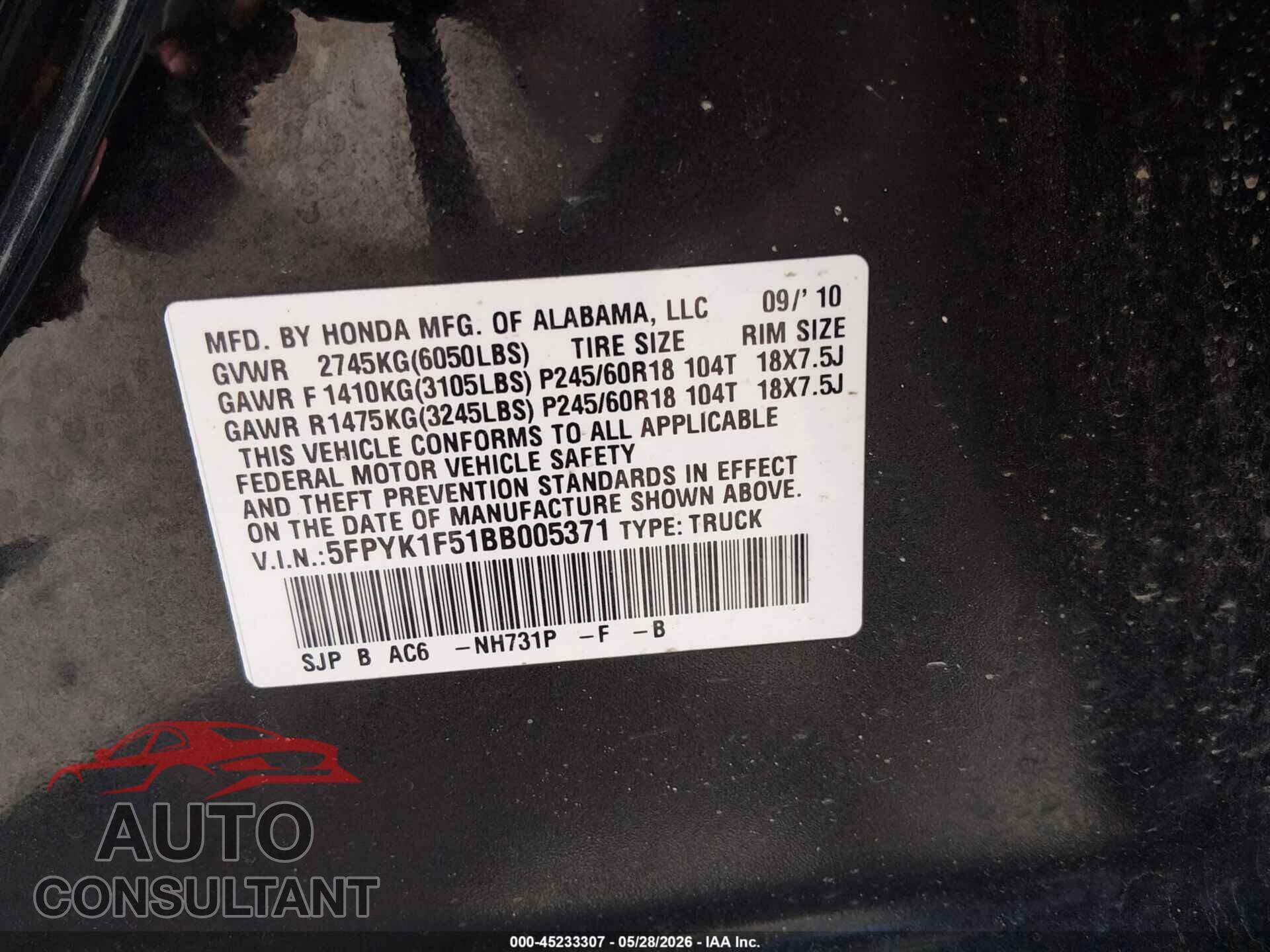 HONDA RIDGELINE 2011 - 5FPYK1F51BB005371