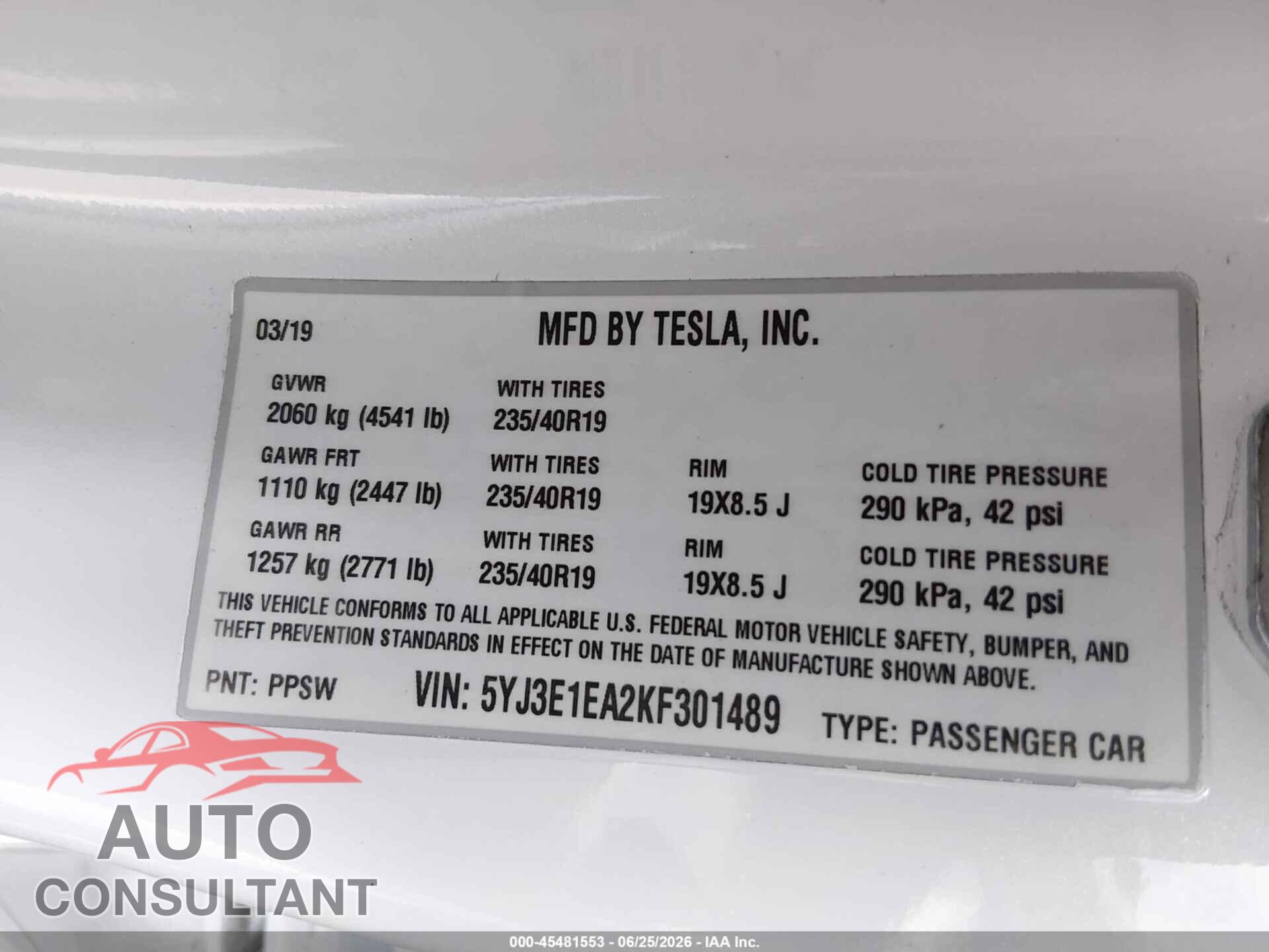 TESLA MODEL 3 2019 - 5YJ3E1EA2KF301489