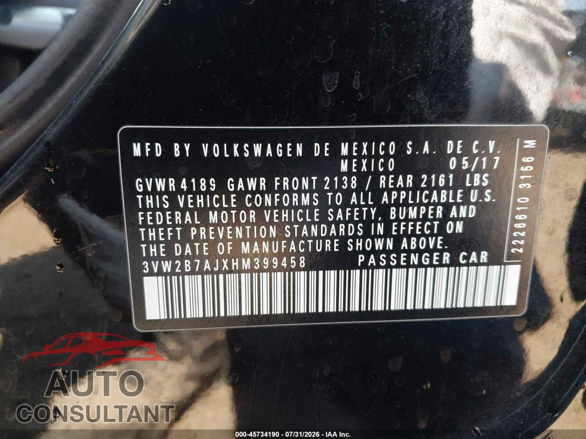 VOLKSWAGEN JETTA 2017 - 3VW2B7AJXHM399458