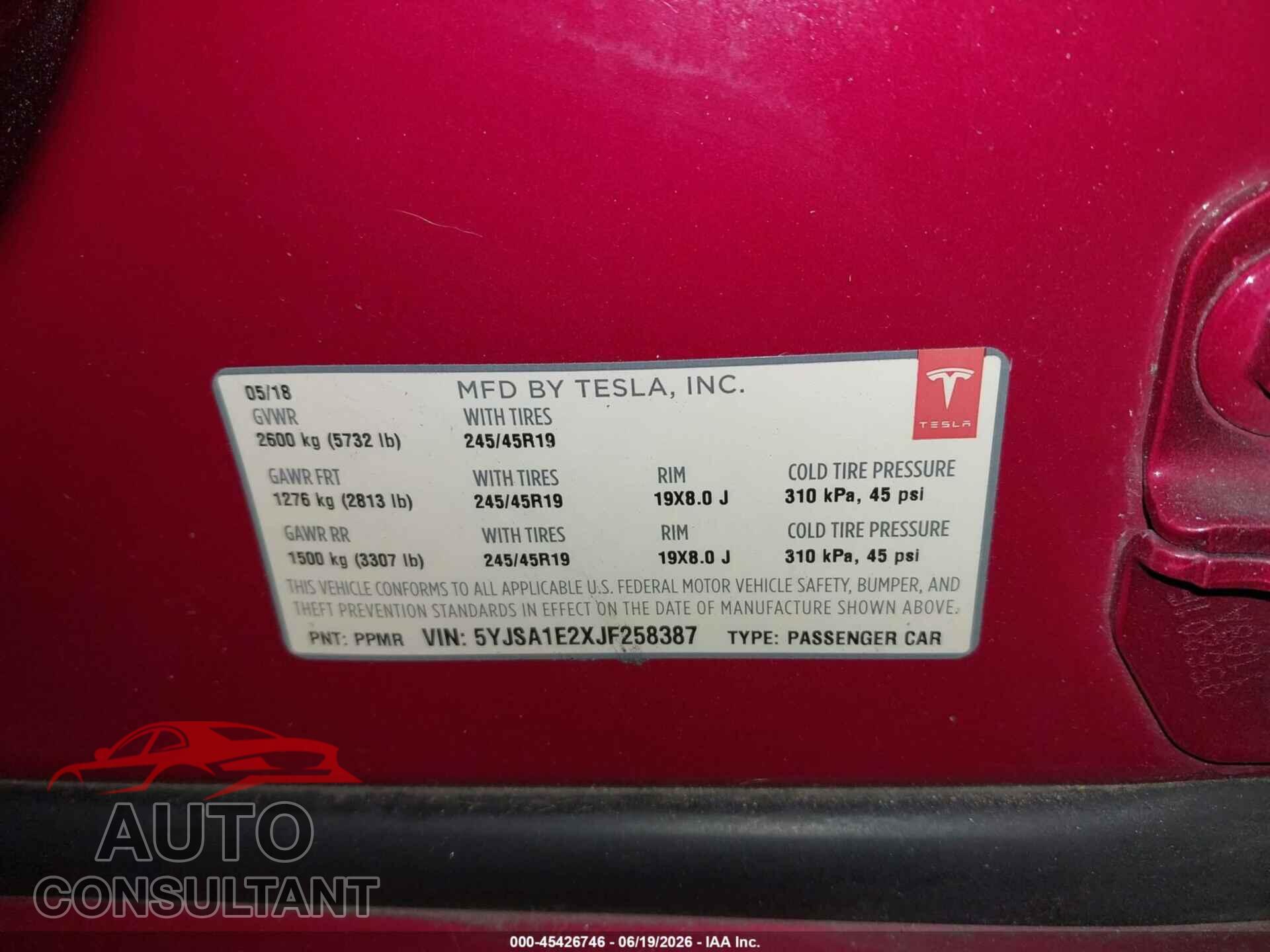 TESLA MODEL S 2018 - 5YJSA1E2XJF258387
