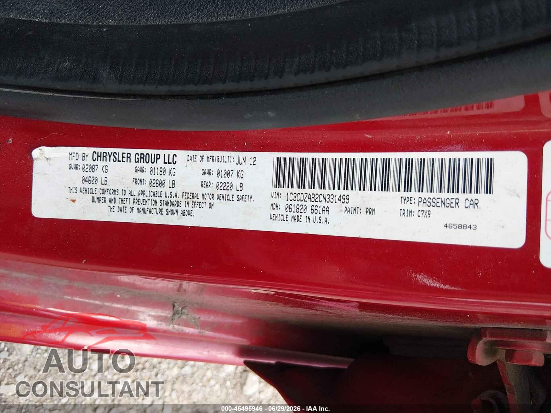 DODGE AVENGER 2012 - 1C3CDZAB2CN331499