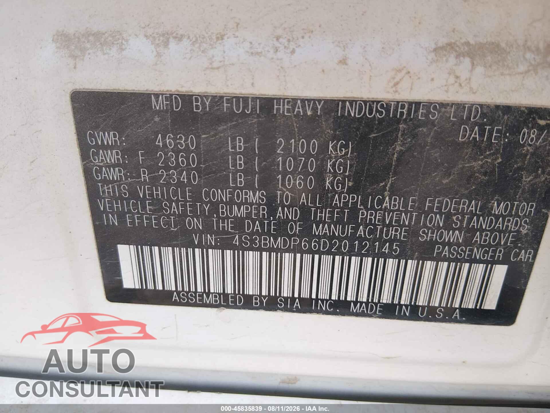 SUBARU LEGACY 2013 - 4S3BMDP66D2012145
