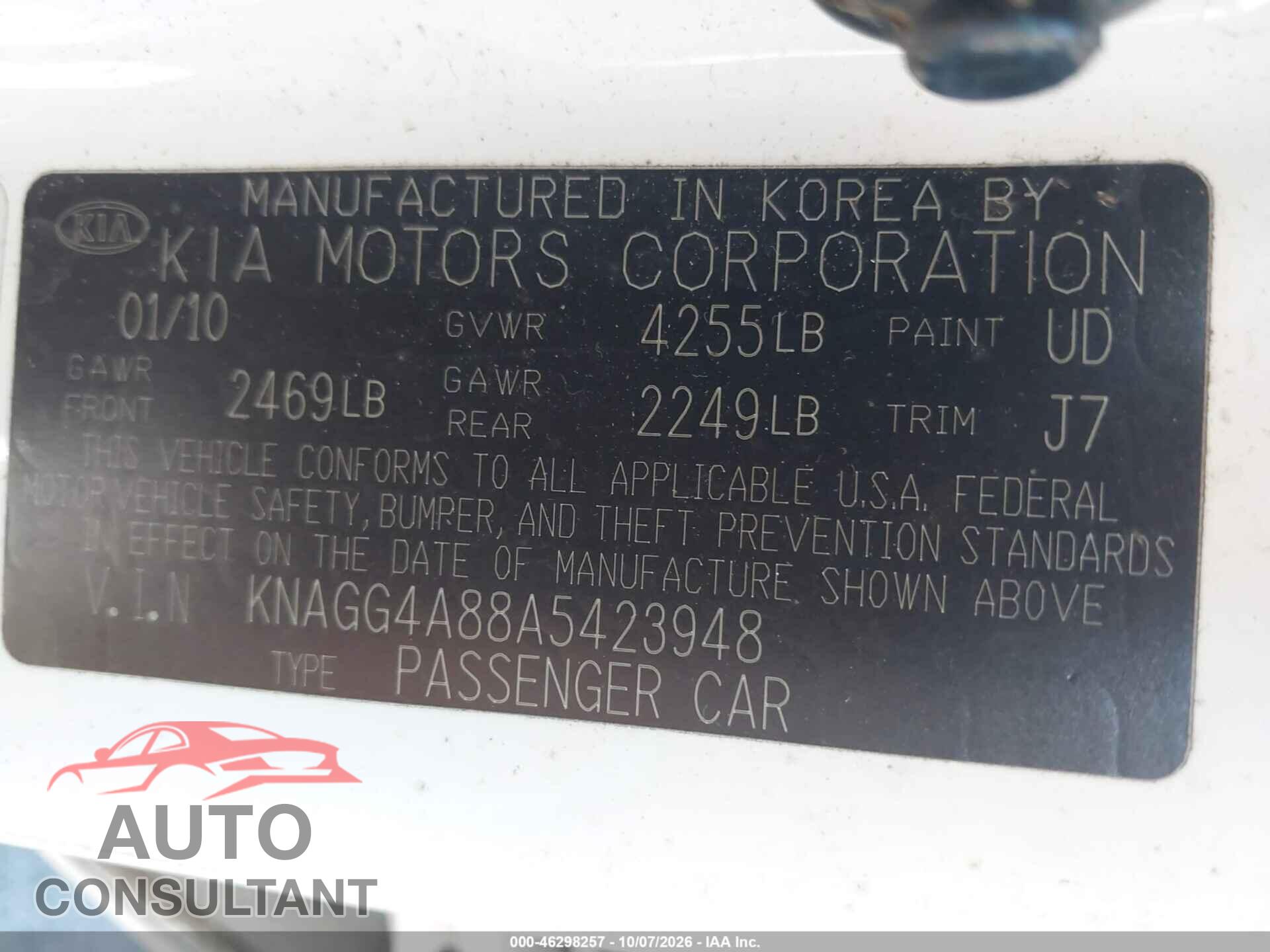KIA OPTIMA 2010 - KNAGG4A88A5423948