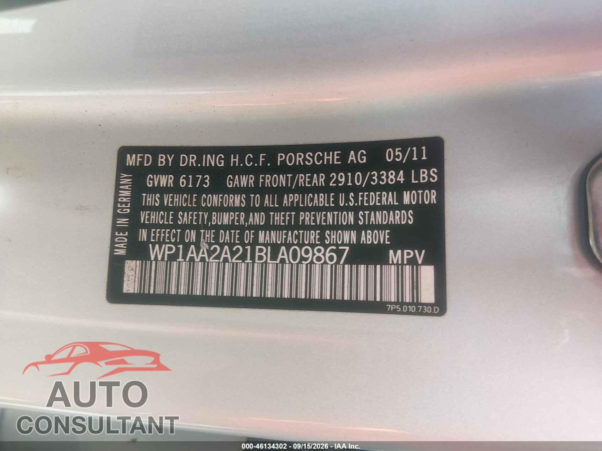 PORSCHE CAYENNE 2011 - WP1AA2A21BLA09867