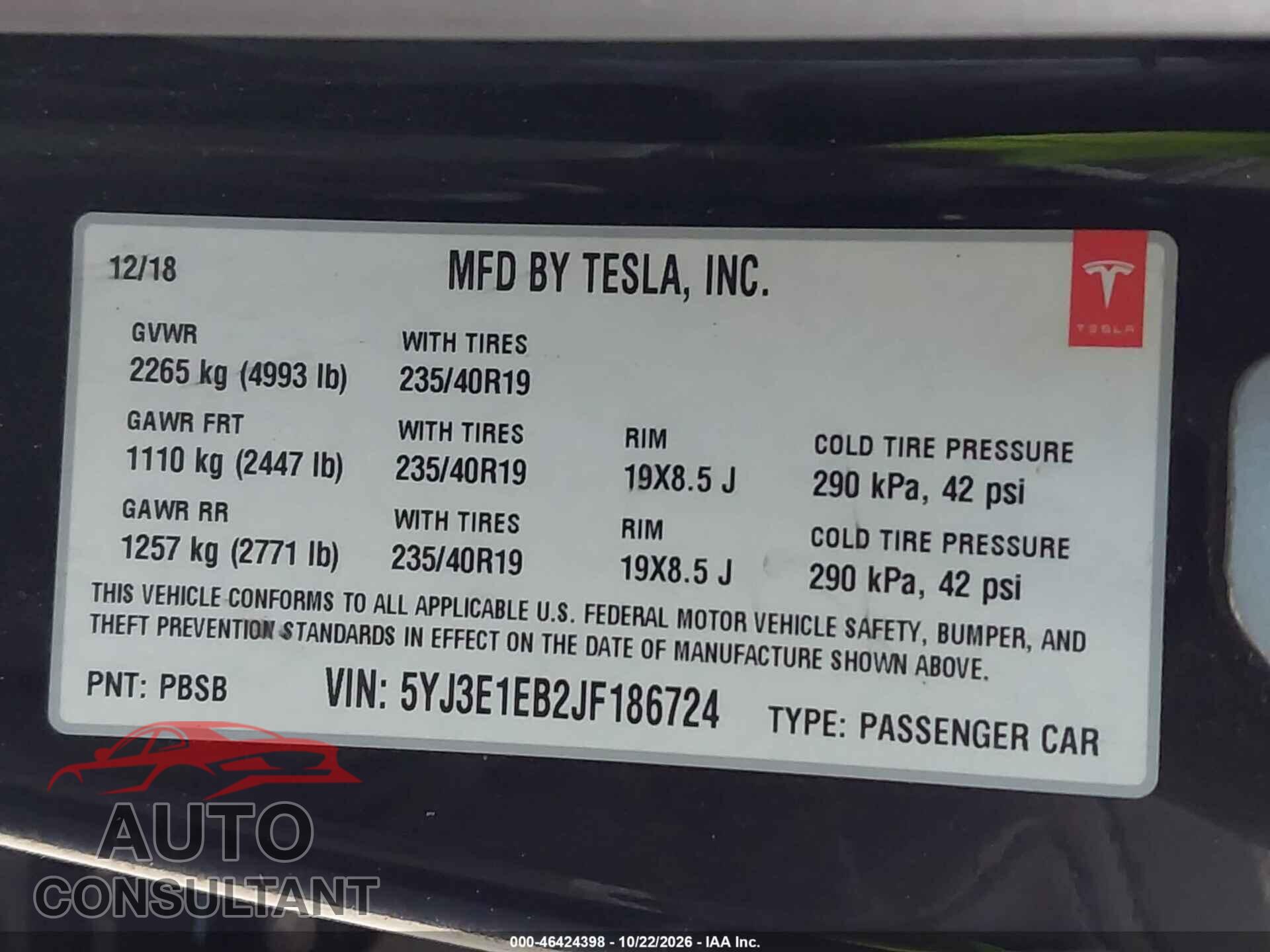 TESLA MODEL 3 2018 - 5YJ3E1EB2JF186724