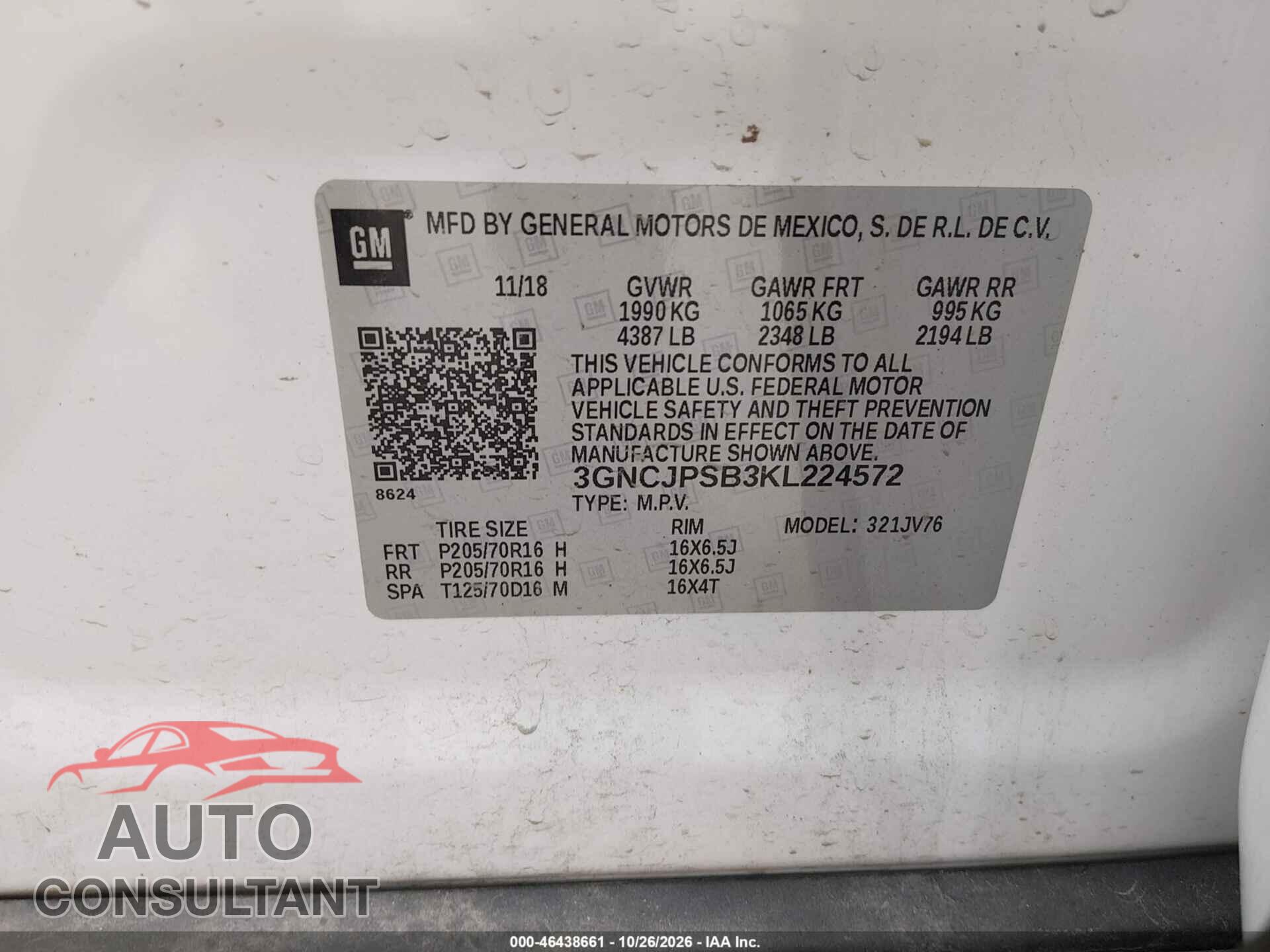 CHEVROLET TRAX 2019 - 3GNCJPSB3KL224572