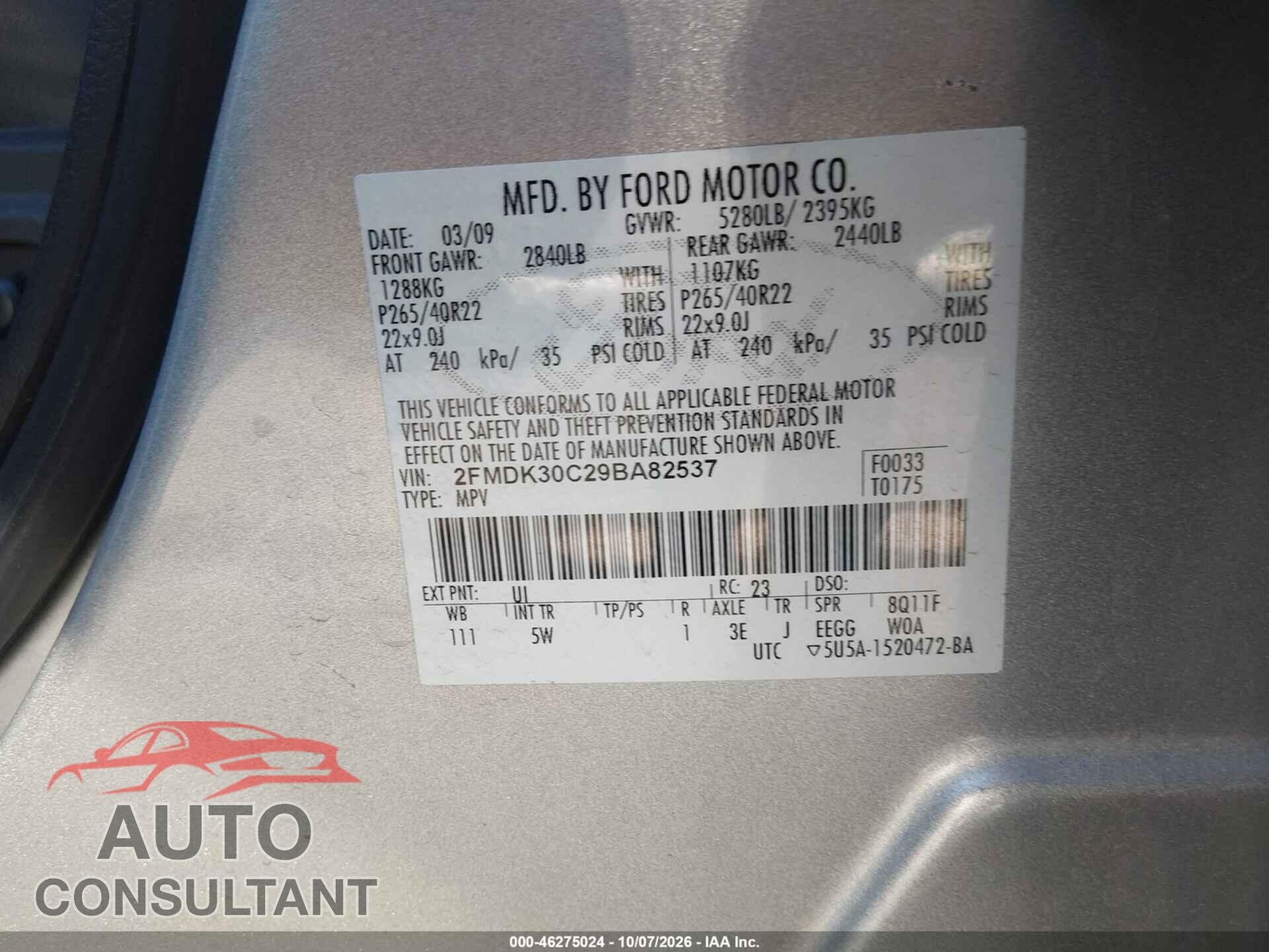 FORD EDGE 2009 - 2FMDK30C29BA82537