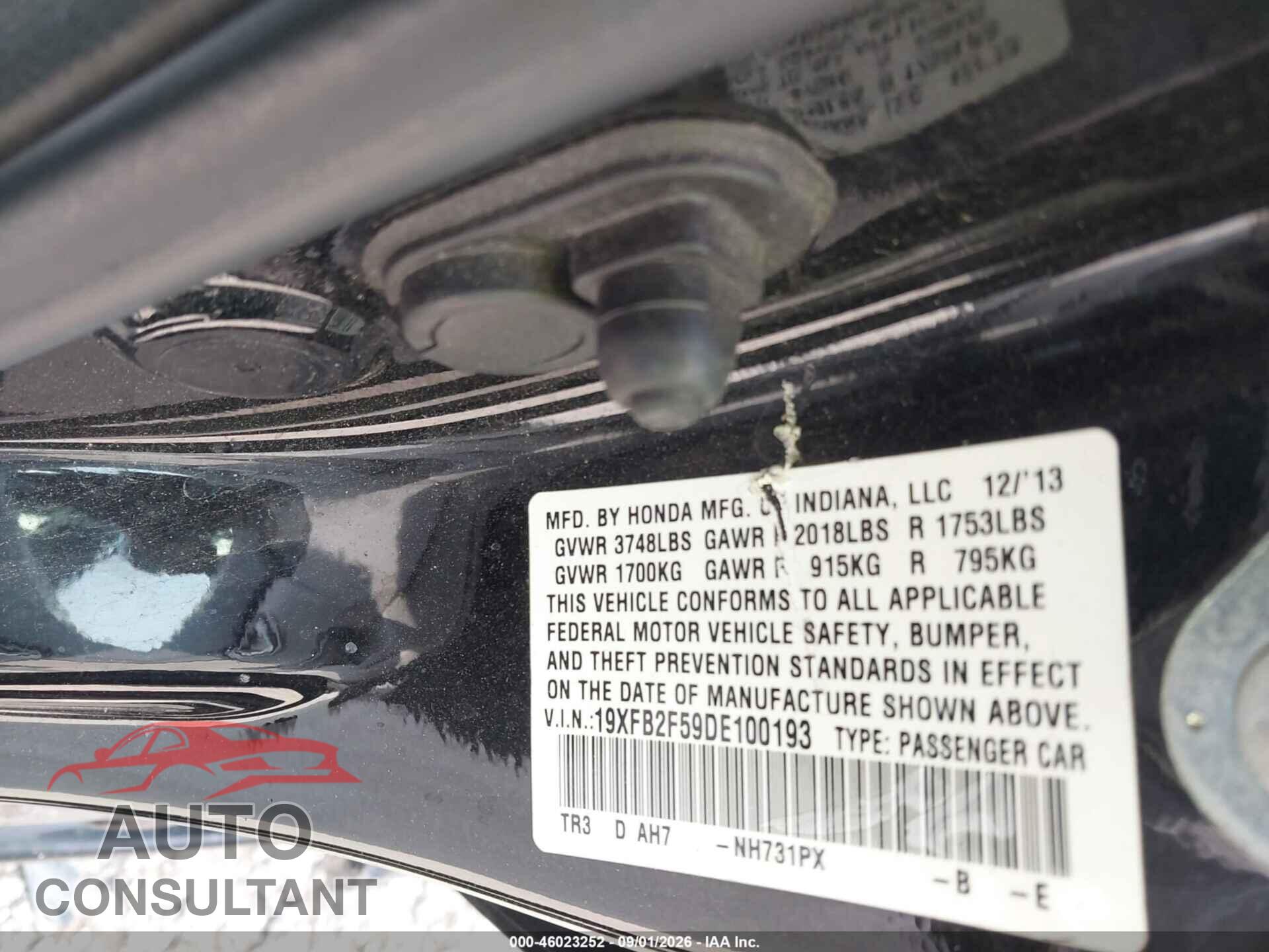 HONDA CIVIC 2013 - 19XFB2F59DE100193