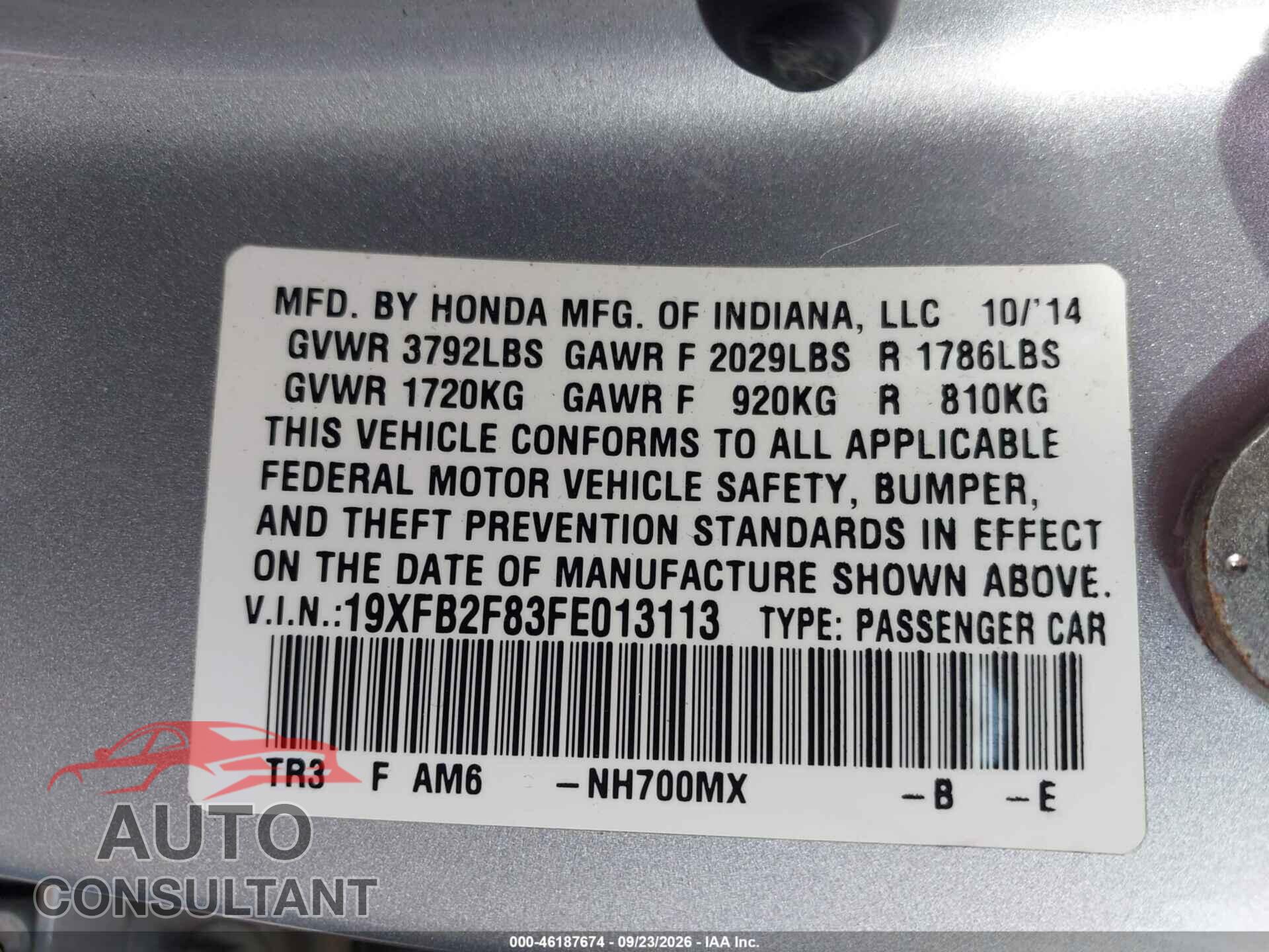 HONDA CIVIC 2015 - 19XFB2F83FE013113