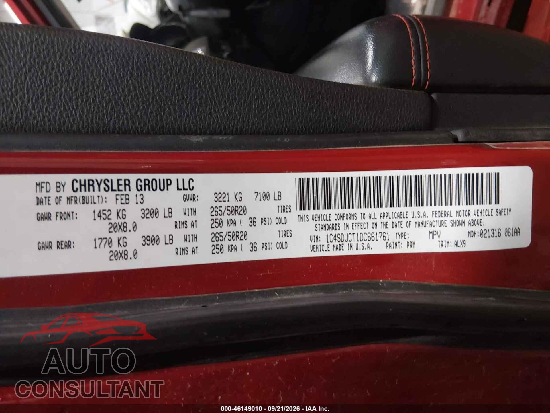 DODGE DURANGO 2013 - 1C4SDJCT1DC661761