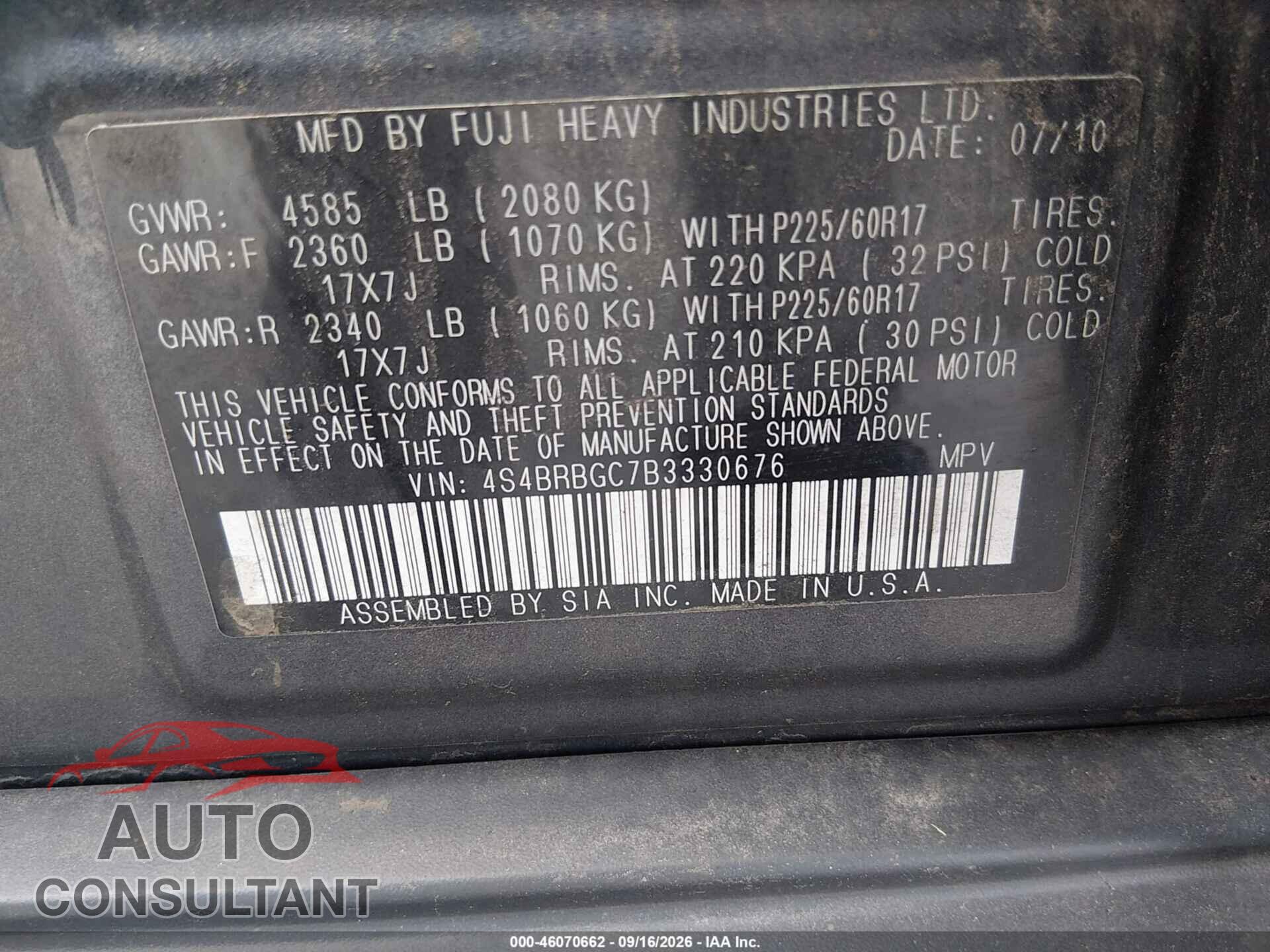 SUBARU OUTBACK 2011 - 4S4BRBGC7B3330676