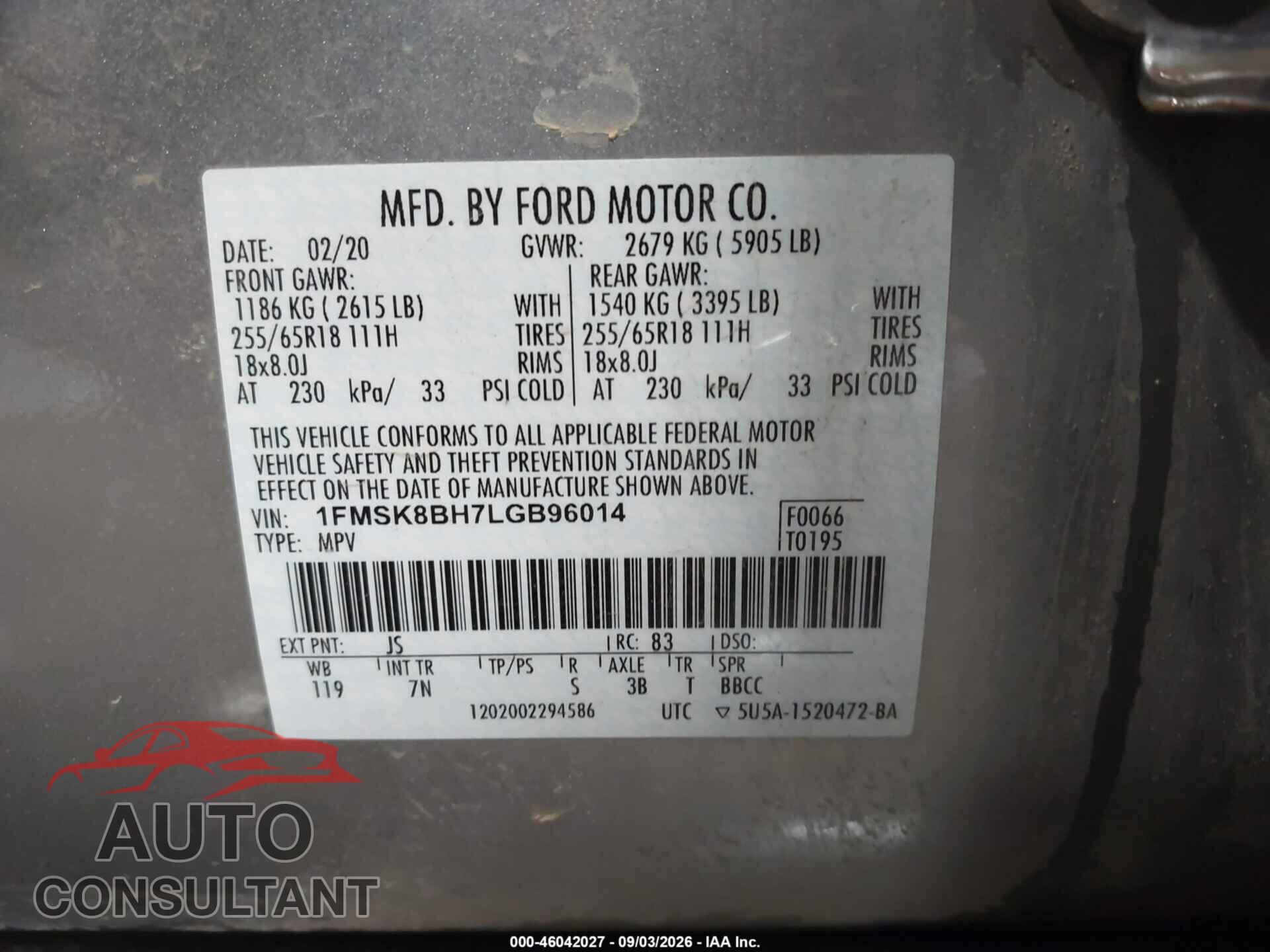 FORD EXPLORER 2020 - 1FMSK8BH7LGB96014