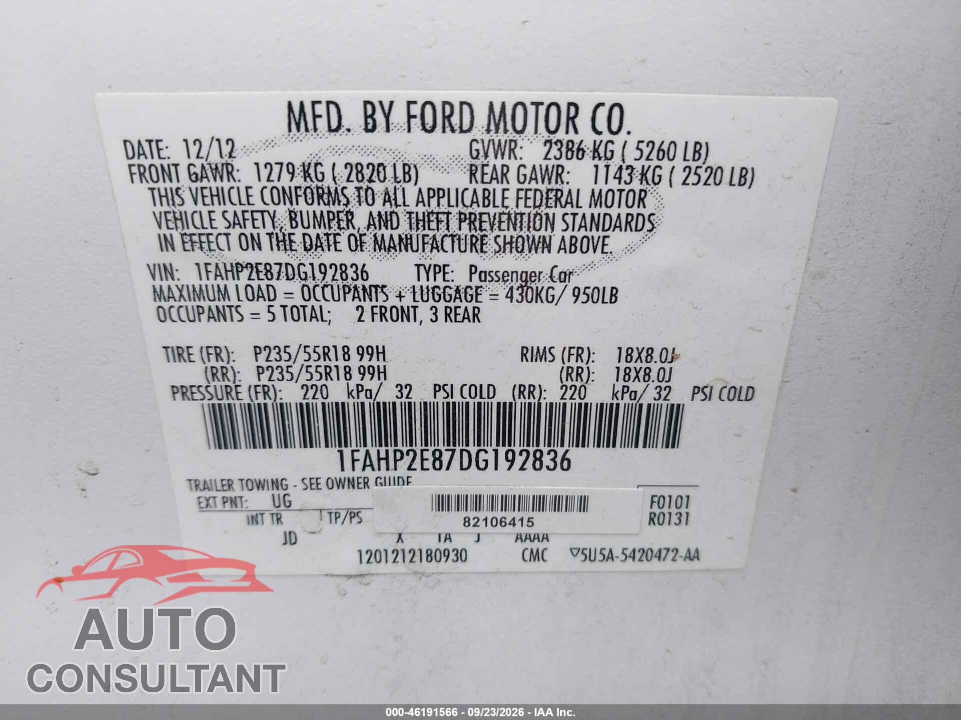 FORD TAURUS 2013 - 1FAHP2E87DG192836