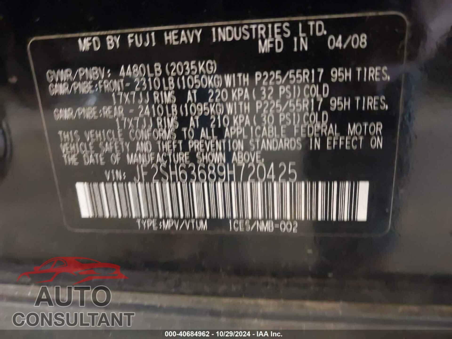 SUBARU FORESTER 2009 - JF2SH63689H720425