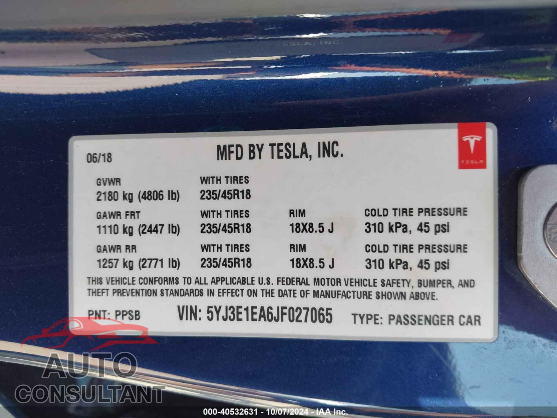 TESLA MODEL 3 2018 - 5YJ3E1EA6JF027065