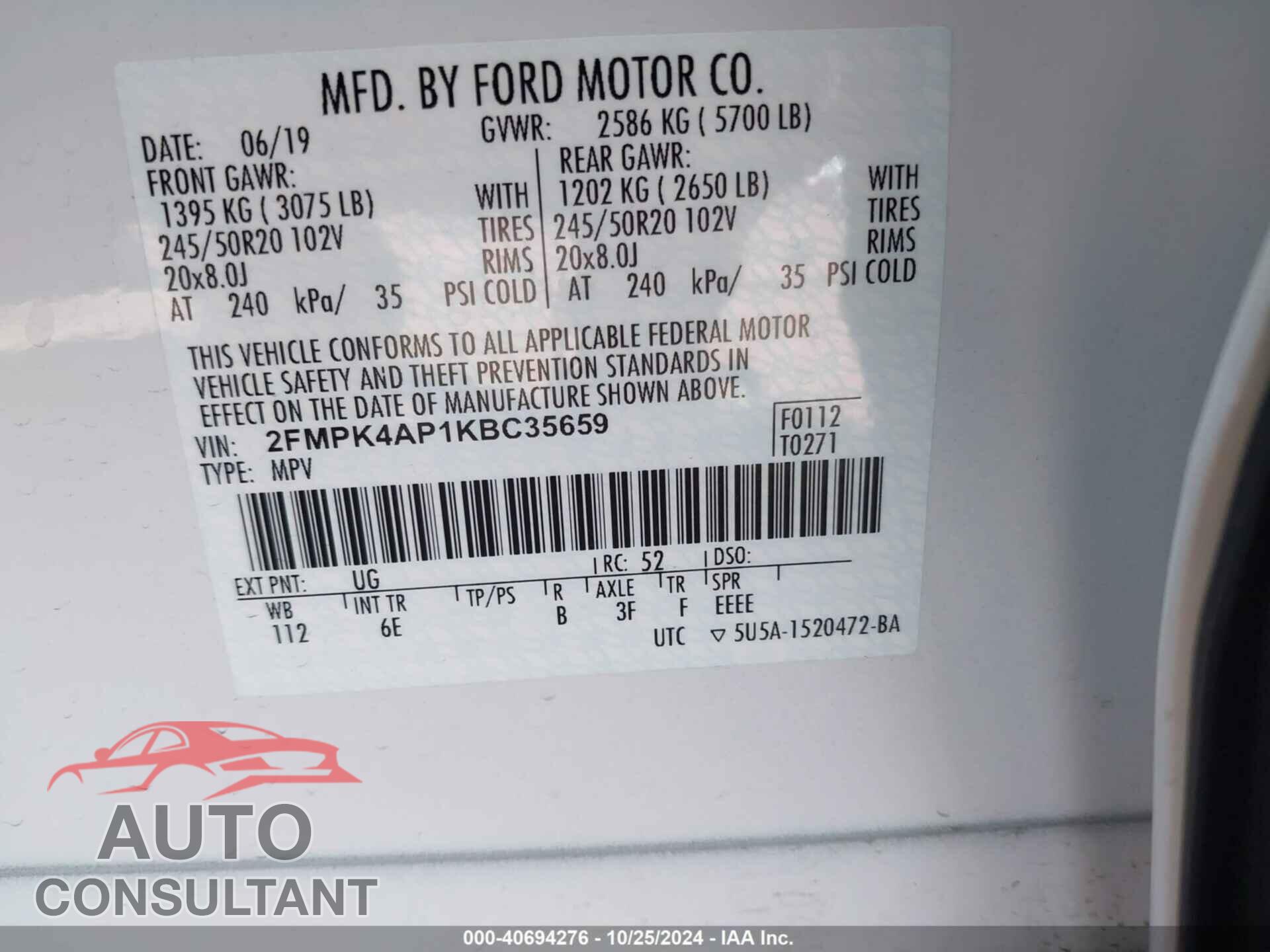 FORD EDGE 2019 - 2FMPK4AP1KBC35659