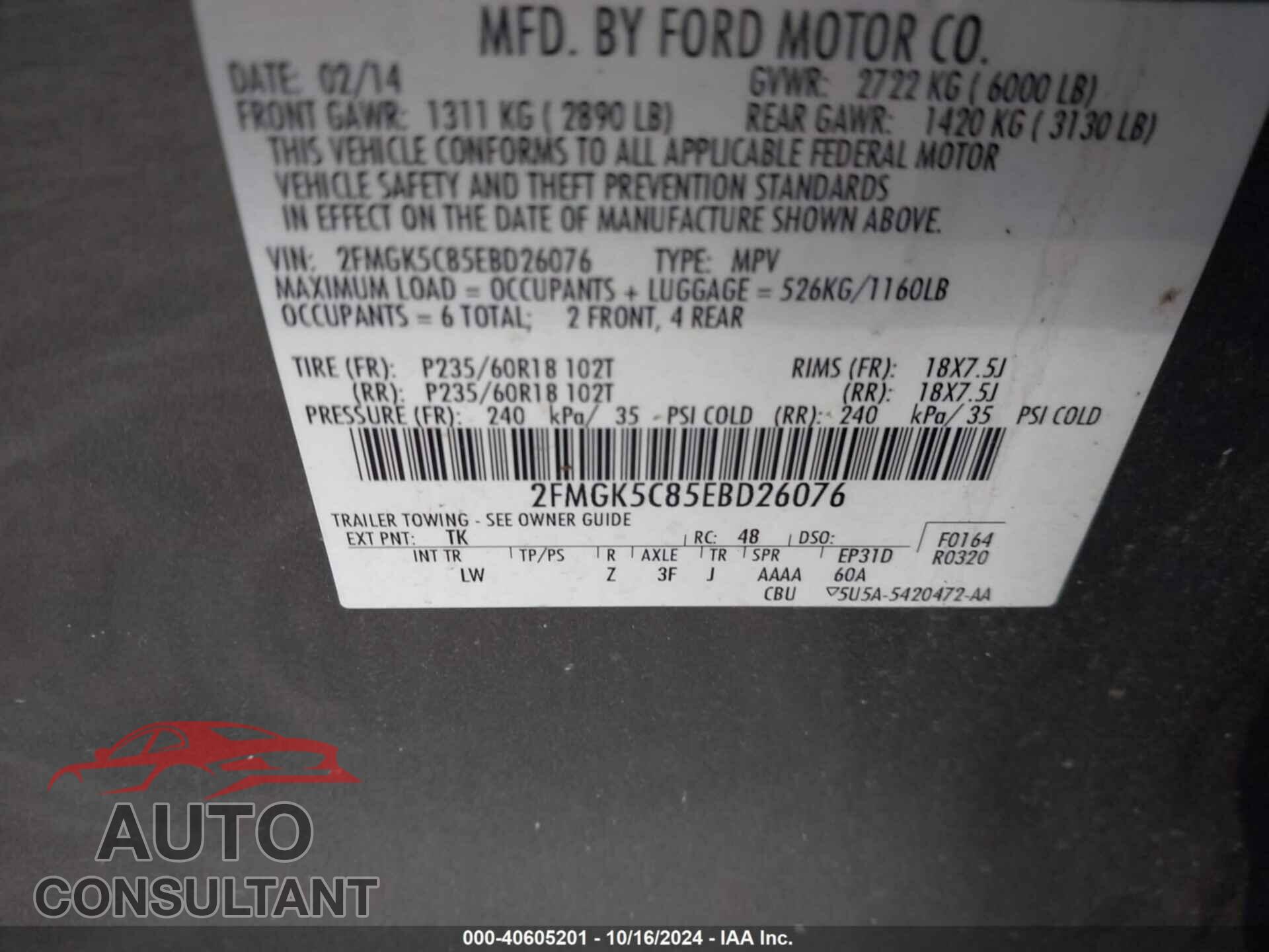 FORD FLEX 2014 - 2FMGK5C85EBD26076