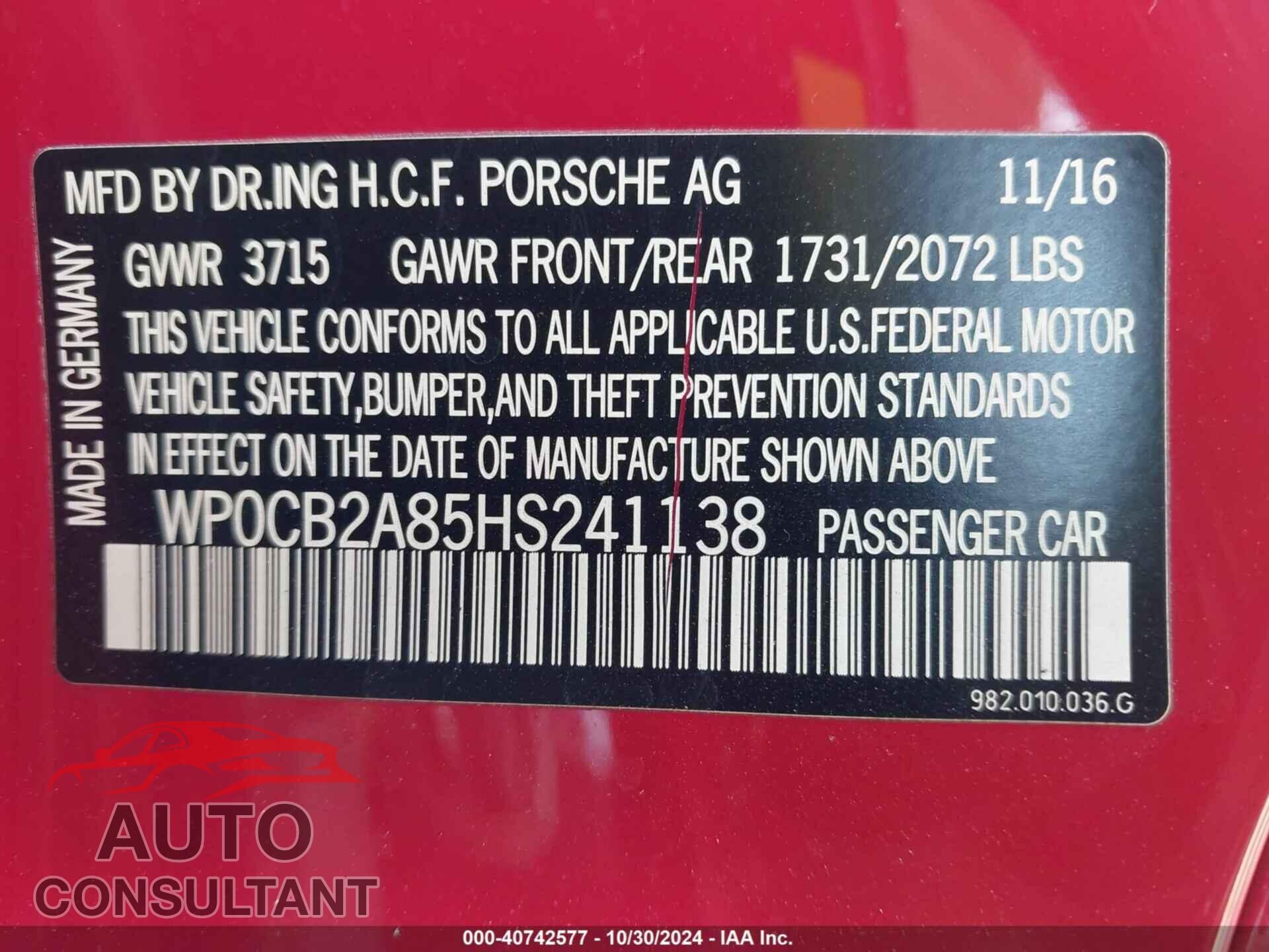 PORSCHE 718 BOXSTER 2017 - WP0CB2A85HS241138