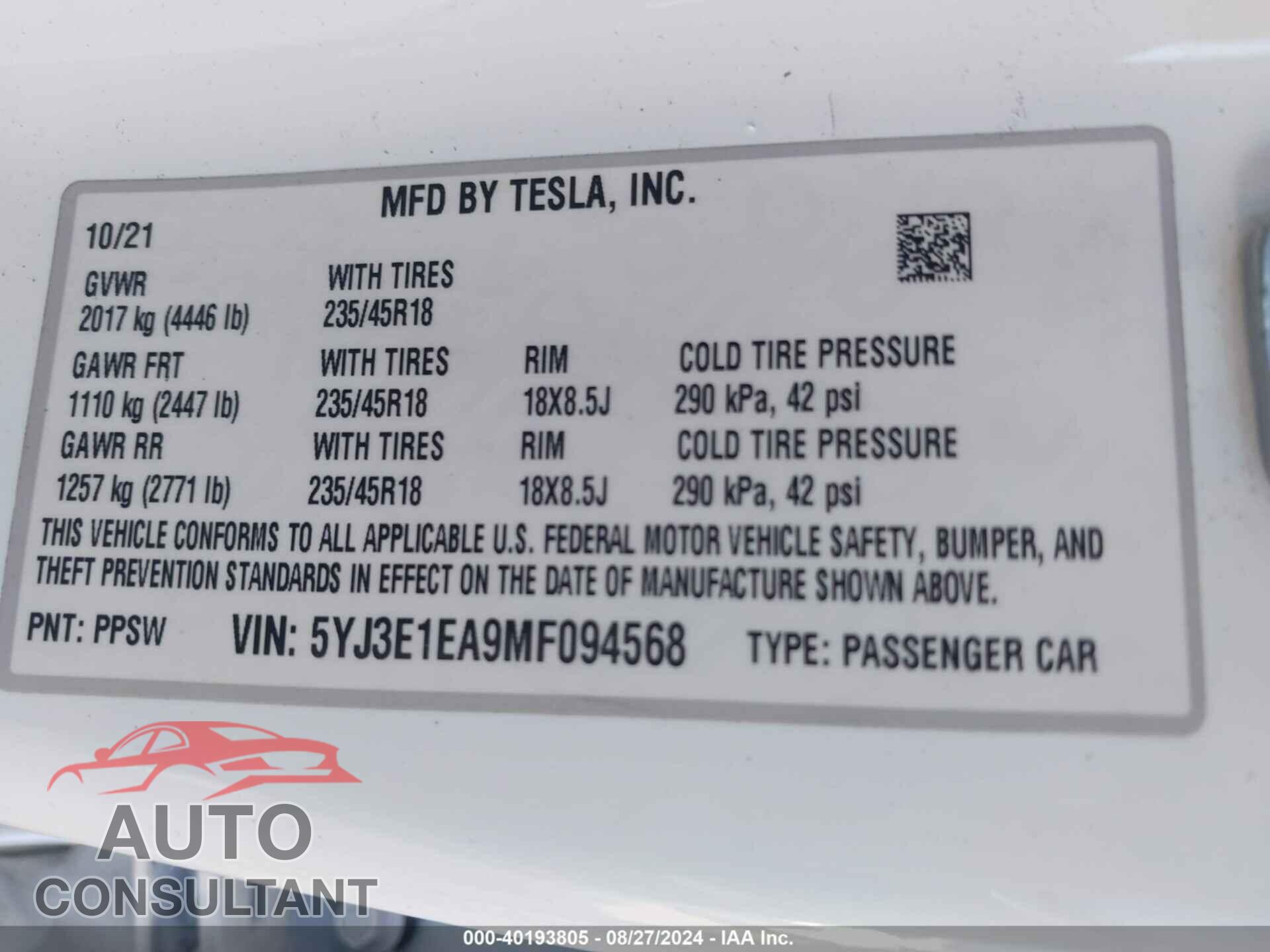 TESLA MODEL 3 2021 - 5YJ3E1EA9MF094568