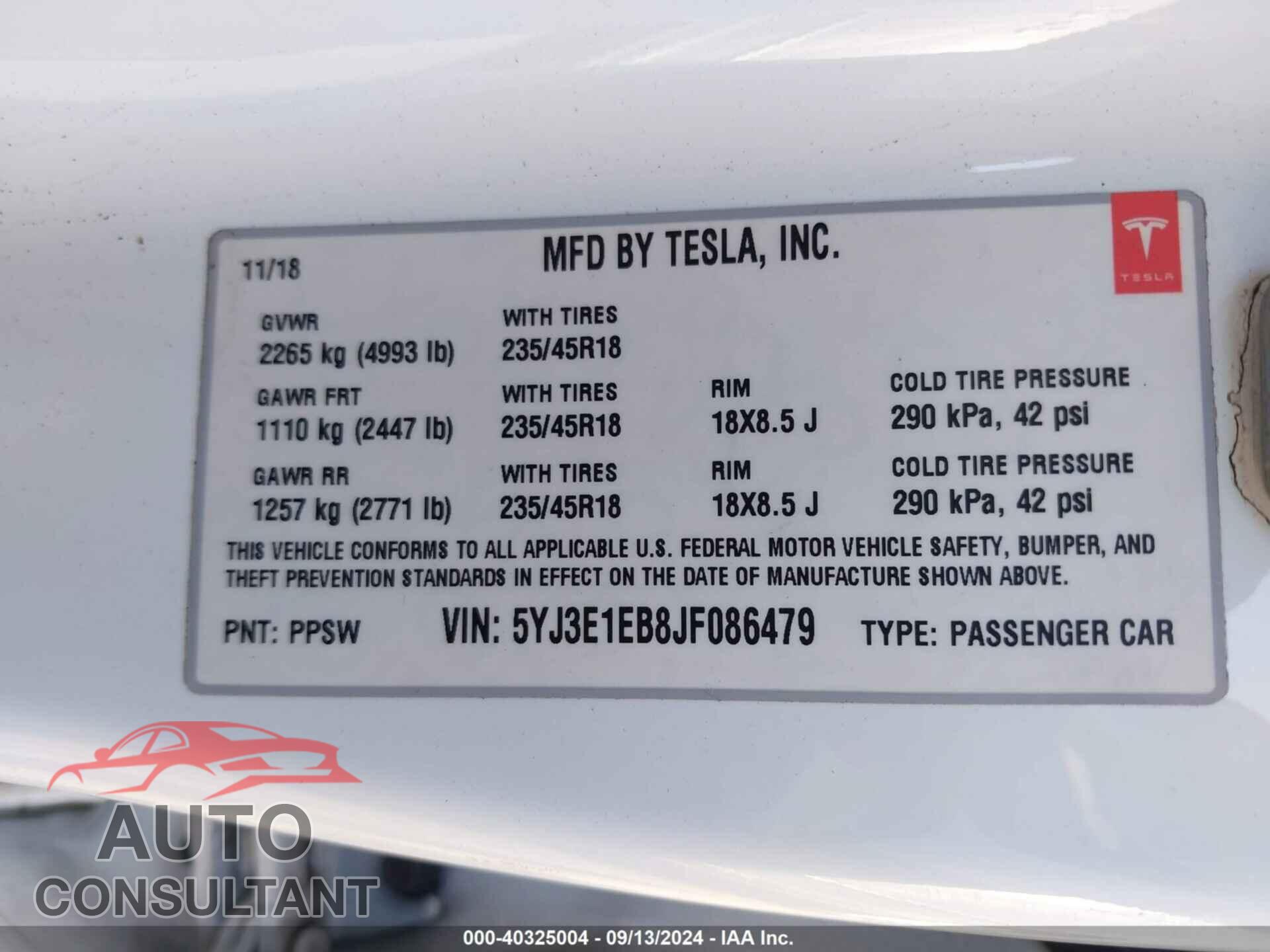 TESLA MODEL 3 2018 - 5YJ3E1EB8JF086479