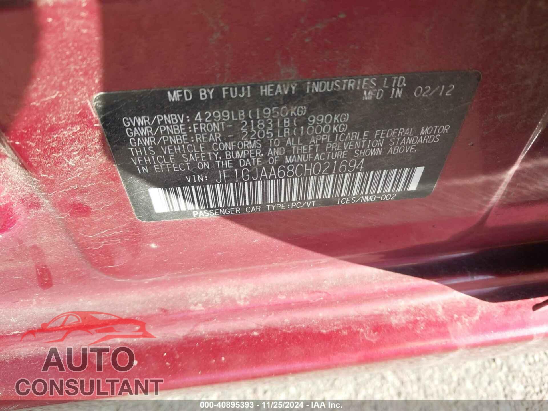 SUBARU IMPREZA 2012 - JF1GJAA68CH021694