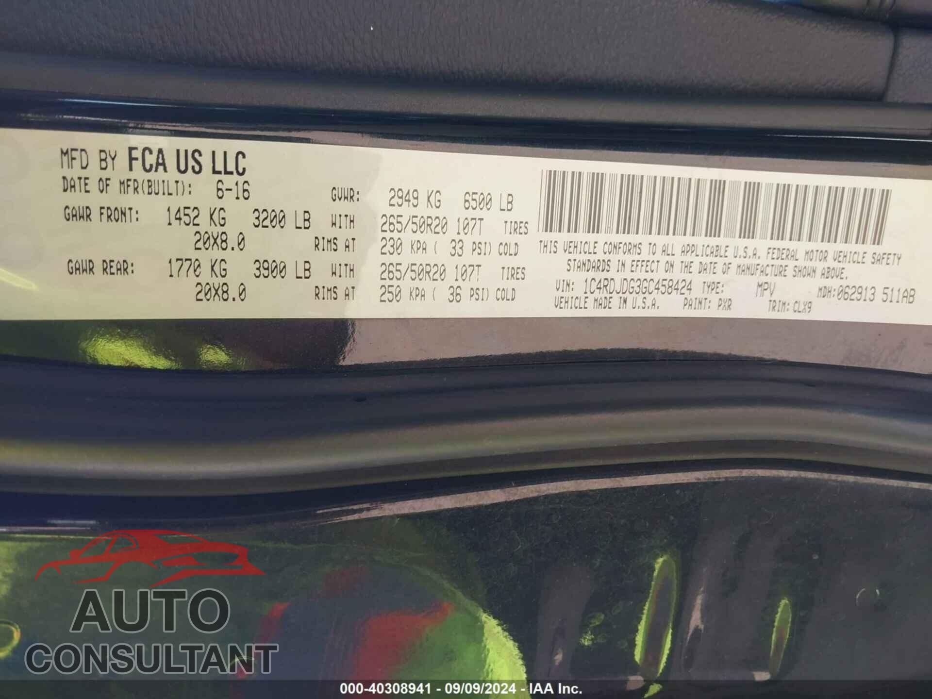 DODGE DURANGO 2016 - 1C4RDJDG3GC458424
