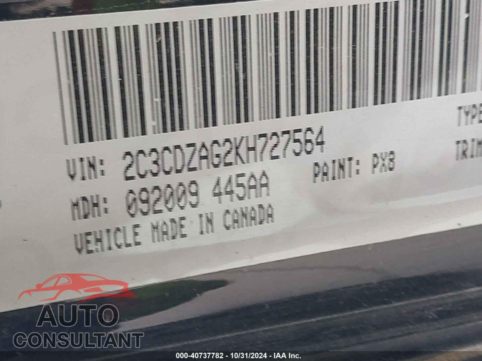 DODGE CHALLENGER 2019 - 2C3CDZAG2KH727564