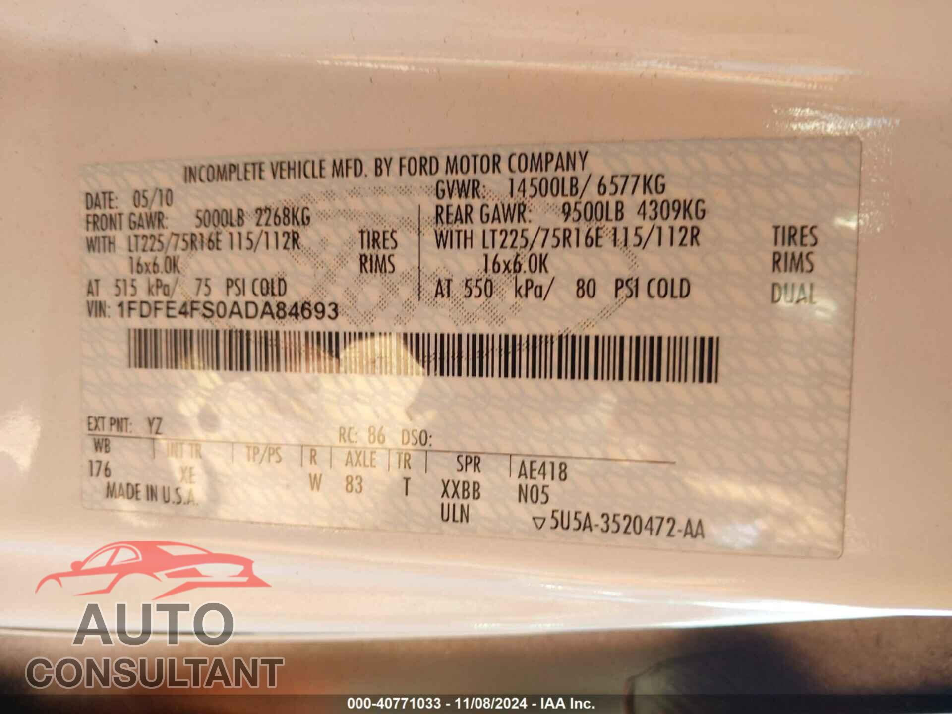 FORD E-450 CUTAWAY 2010 - 1FDFE4FS0ADA84693