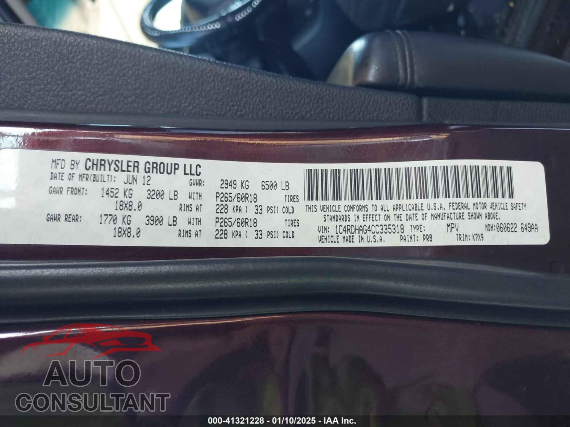 DODGE DURANGO 2012 - 1C4RDHAG4CC335318