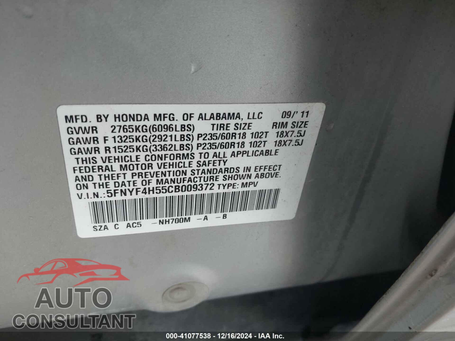 HONDA PILOT 2012 - 5FNYF4H55CB009372