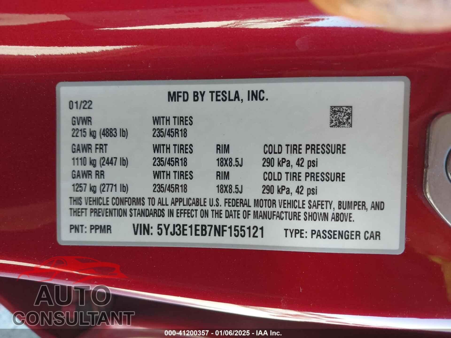 TESLA MODEL 3 2022 - 5YJ3E1EB7NF155121