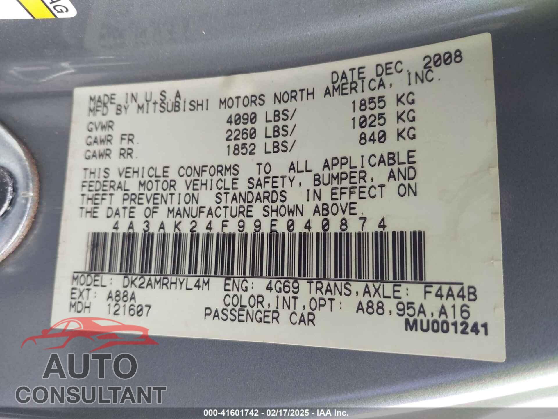 MITSUBISHI ECLIPSE 2009 - 4A3AK24F99E040874