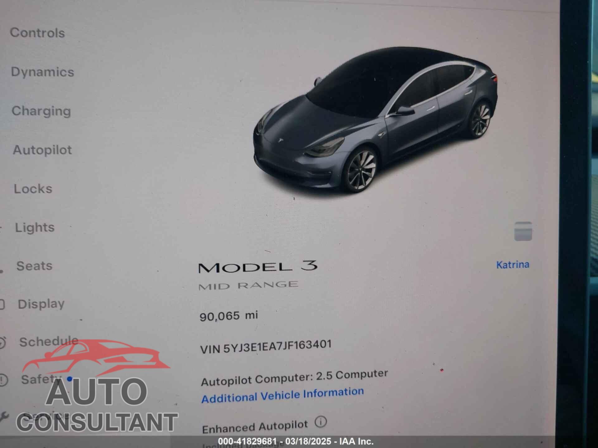 TESLA MODEL 3 2018 - 5YJ3E1EA7JF163401