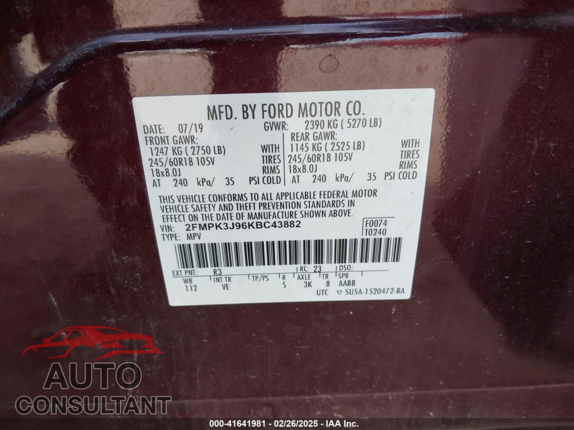 FORD EDGE 2019 - 2FMPK3J96KBC43882