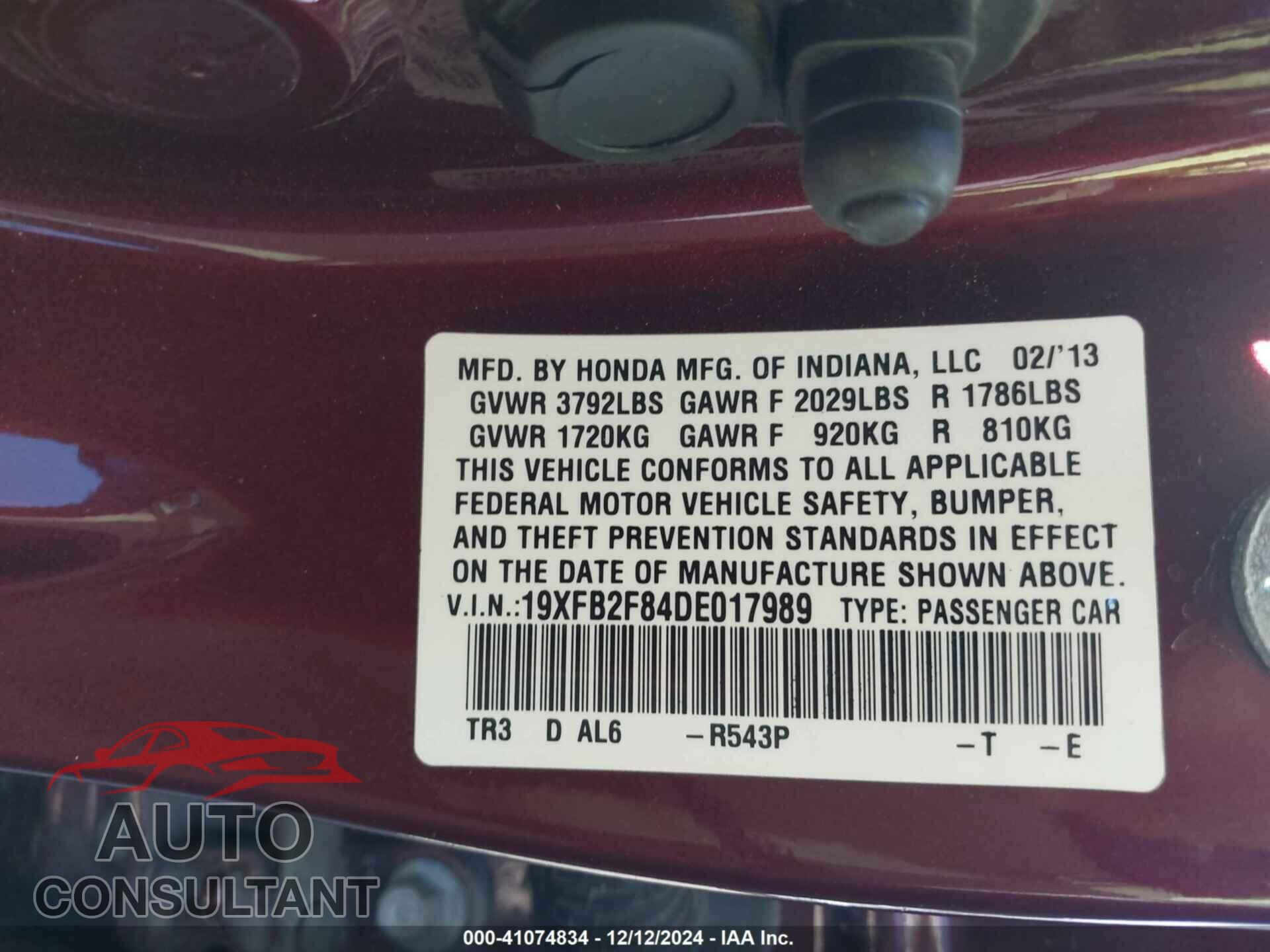 HONDA CIVIC 2013 - 19XFB2F84DE017989