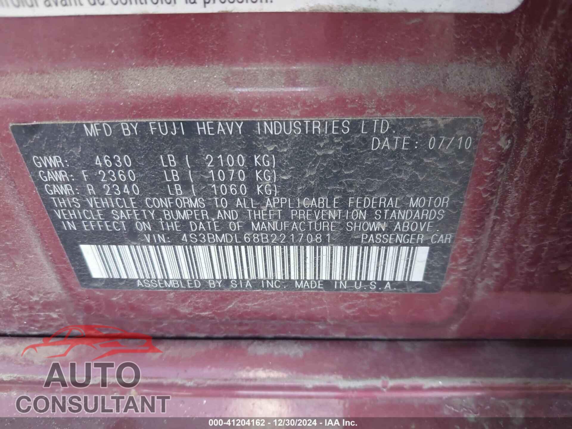 SUBARU LEGACY 2011 - 4S3BMDL68B2217081