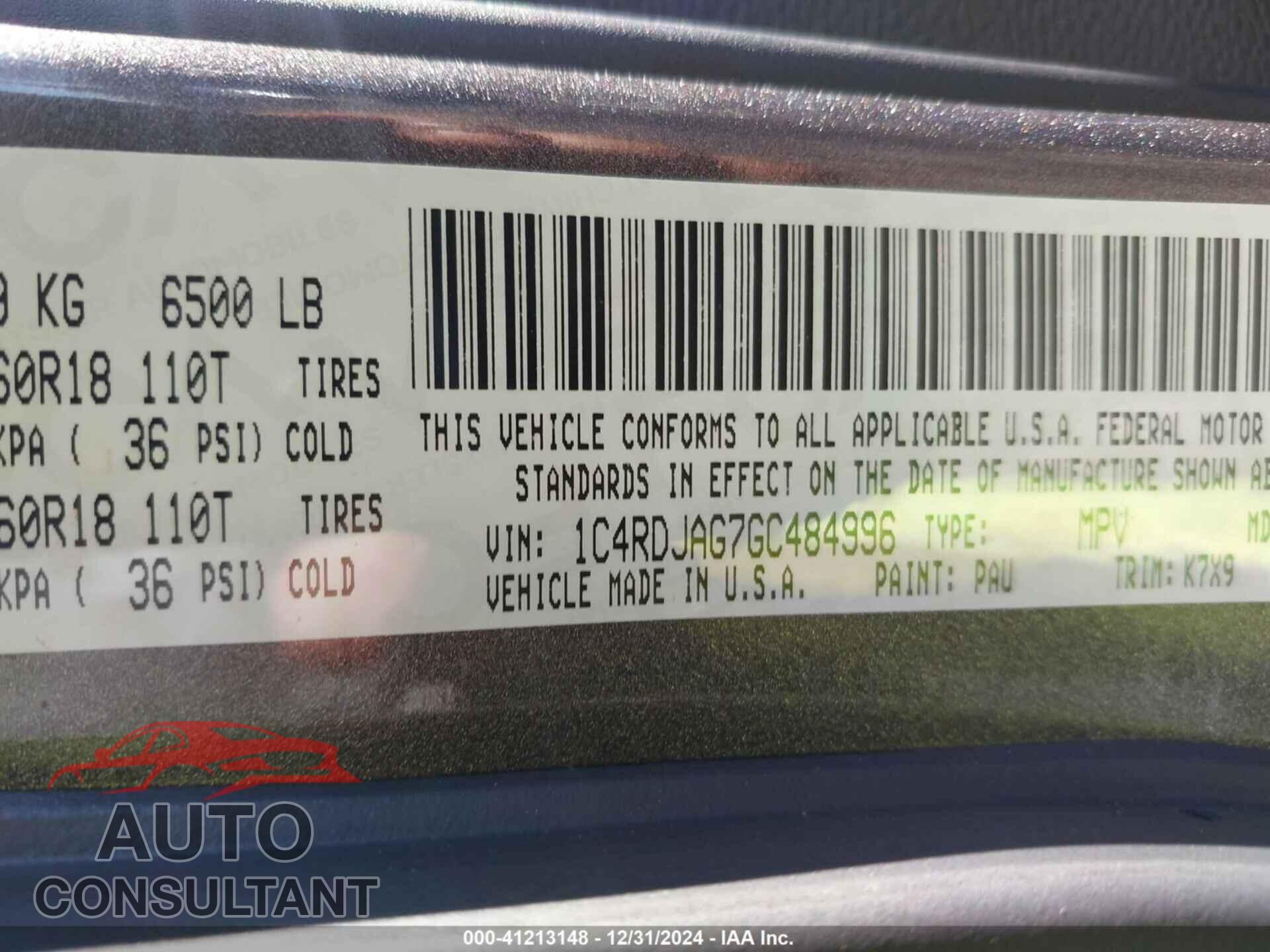 DODGE DURANGO 2016 - 1C4RDJAG7GC484996