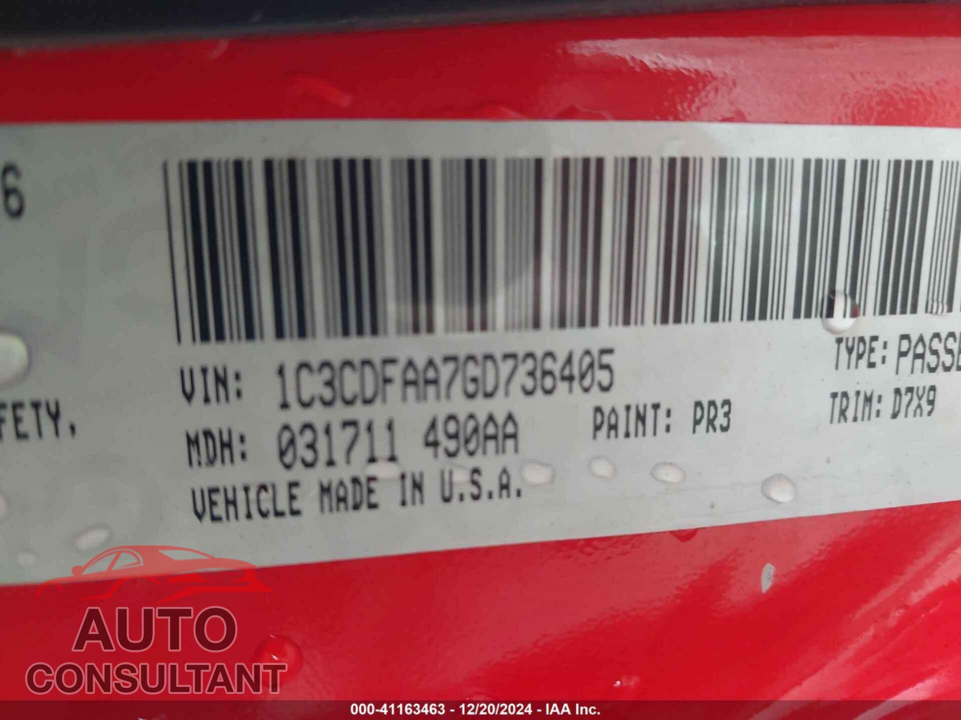 DODGE DART 2016 - 1C3CDFAA7GD736405