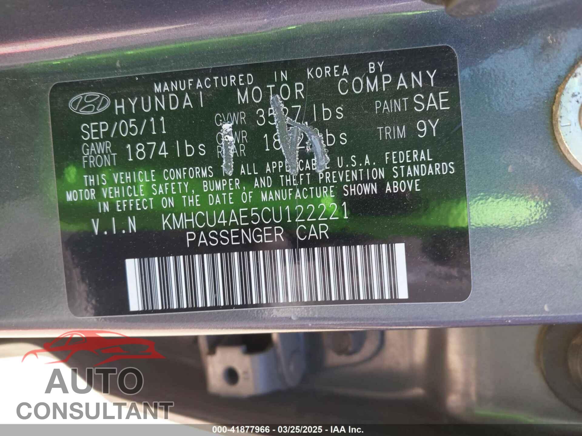HYUNDAI ACCENT 2012 - KMHCU4AE5CU122221