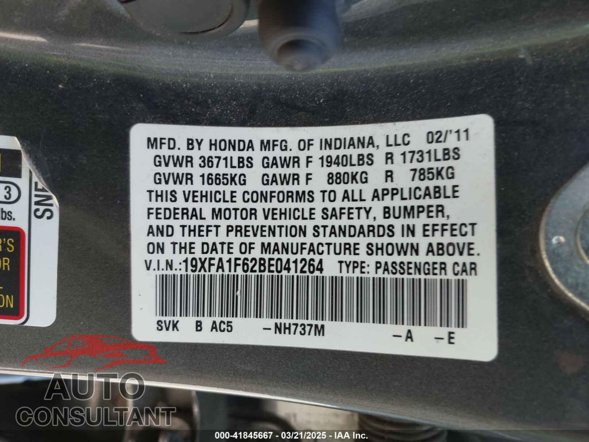HONDA CIVIC 2011 - 19XFA1F62BE041264